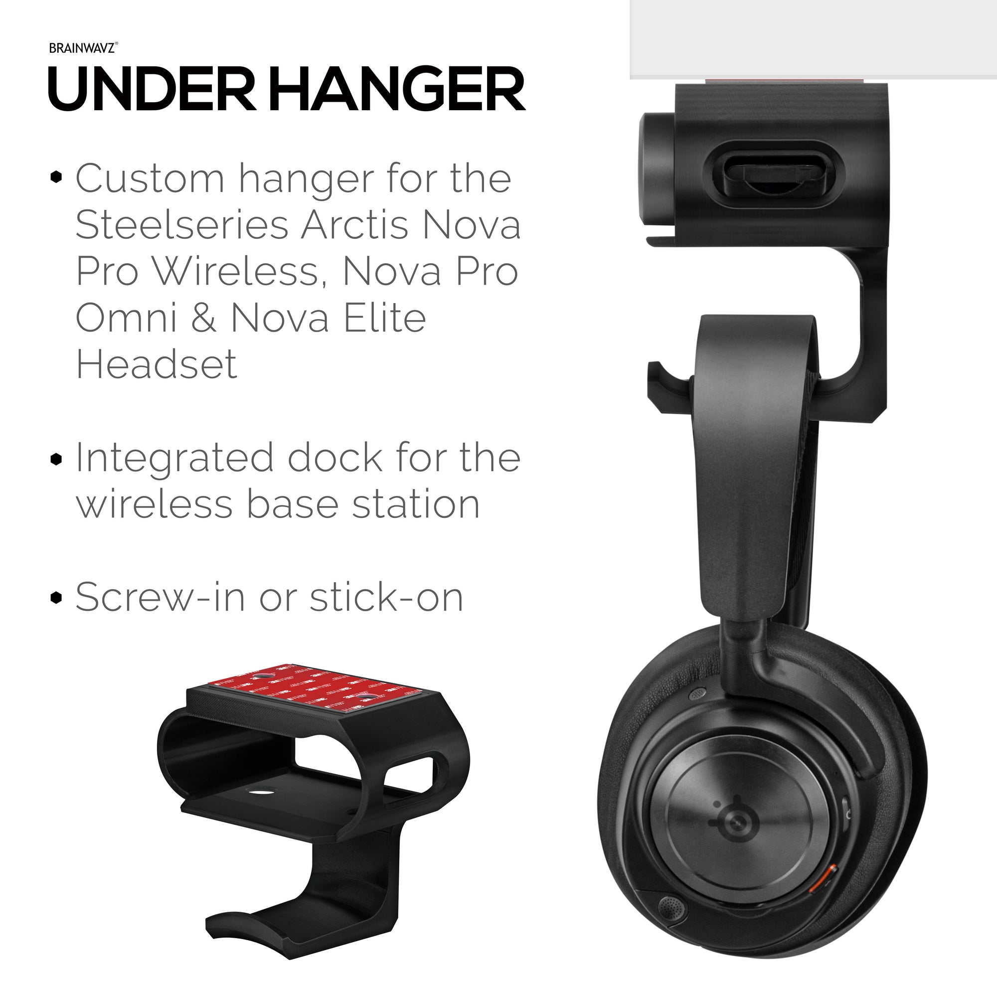 حامل سماعات رأس يُوضع أسفل المكتب لسماعات Steelseries Arctis Nova Pro اللاسلكية، وNova Pro Omni، وNova Elite، مع قاعدة توصيل لمحطة القاعدة اللاسلكية.