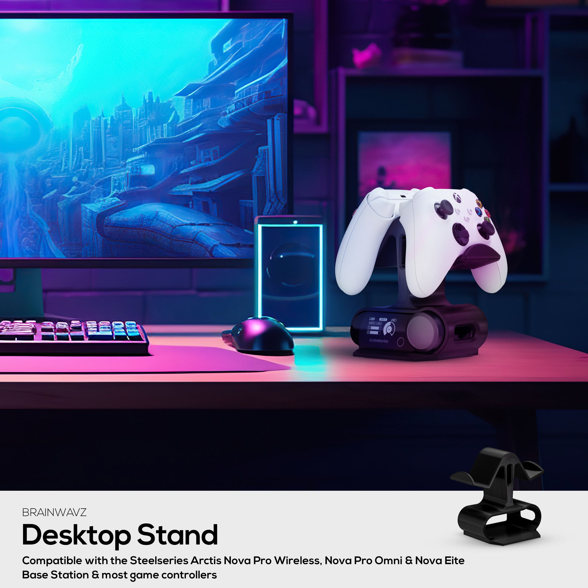 حامل مزدوج لوحدات التحكم وقاعدة لاسلكية - متوافق مع SteelSeries Arctis Nova Pro Wireless وNova Pro Omni وNova Elite - يتسع لوحدتي تحكم وبطارية احتياطية