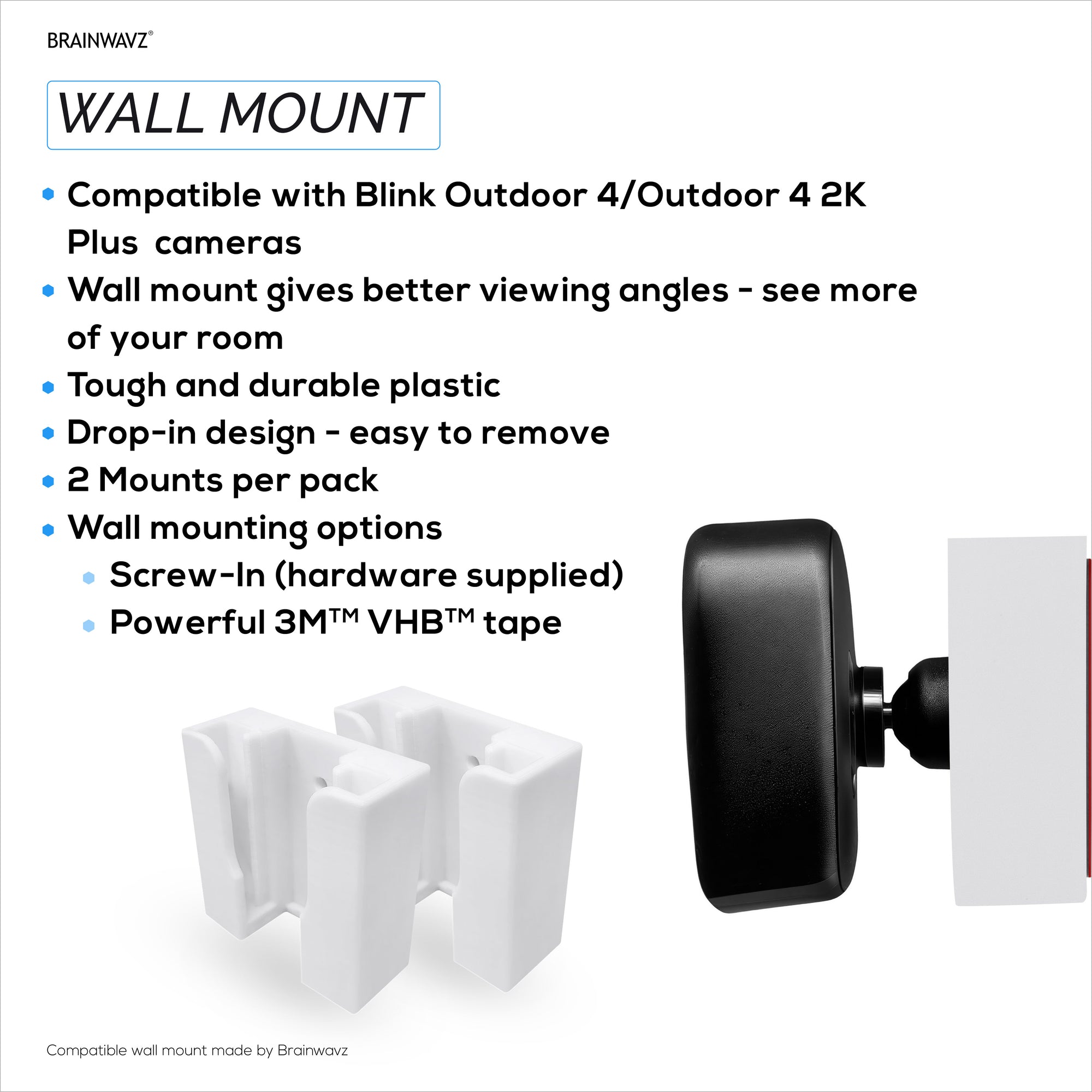 حامل جداري لكاميرا Blink Outdoor 4 / Outdoor 4 2K Plus - حامل كاميرا آمن مع خيار التثبيت بشريط VHB أو البراغي، تصميم سهل التركيب، عبوة من قطعتين