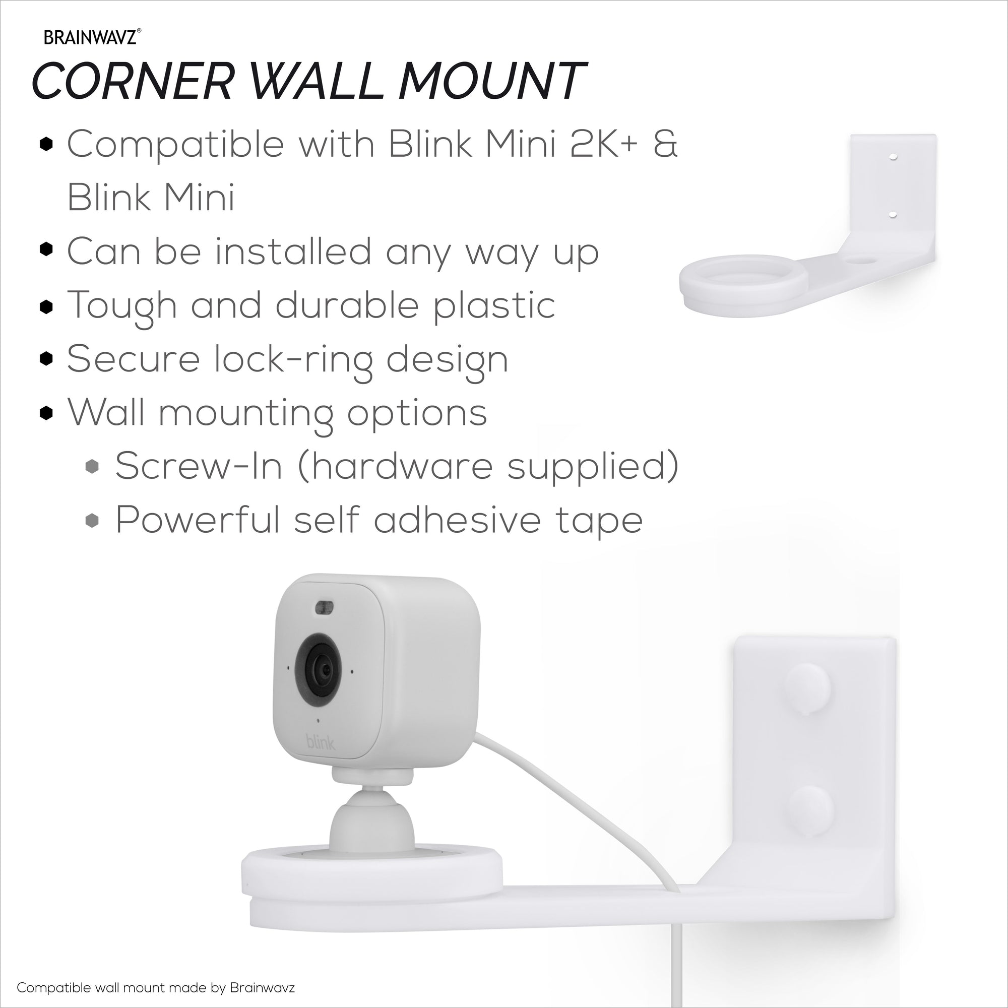 حامل زاوية بدون براغي لكاميرات Blink Mini 2K+ وBlink Mini 2، يوفر زوايا رؤية أفضل ويقلل من النقاط العمياء، سهل التركيب على الحائط، لاصق وبراغي