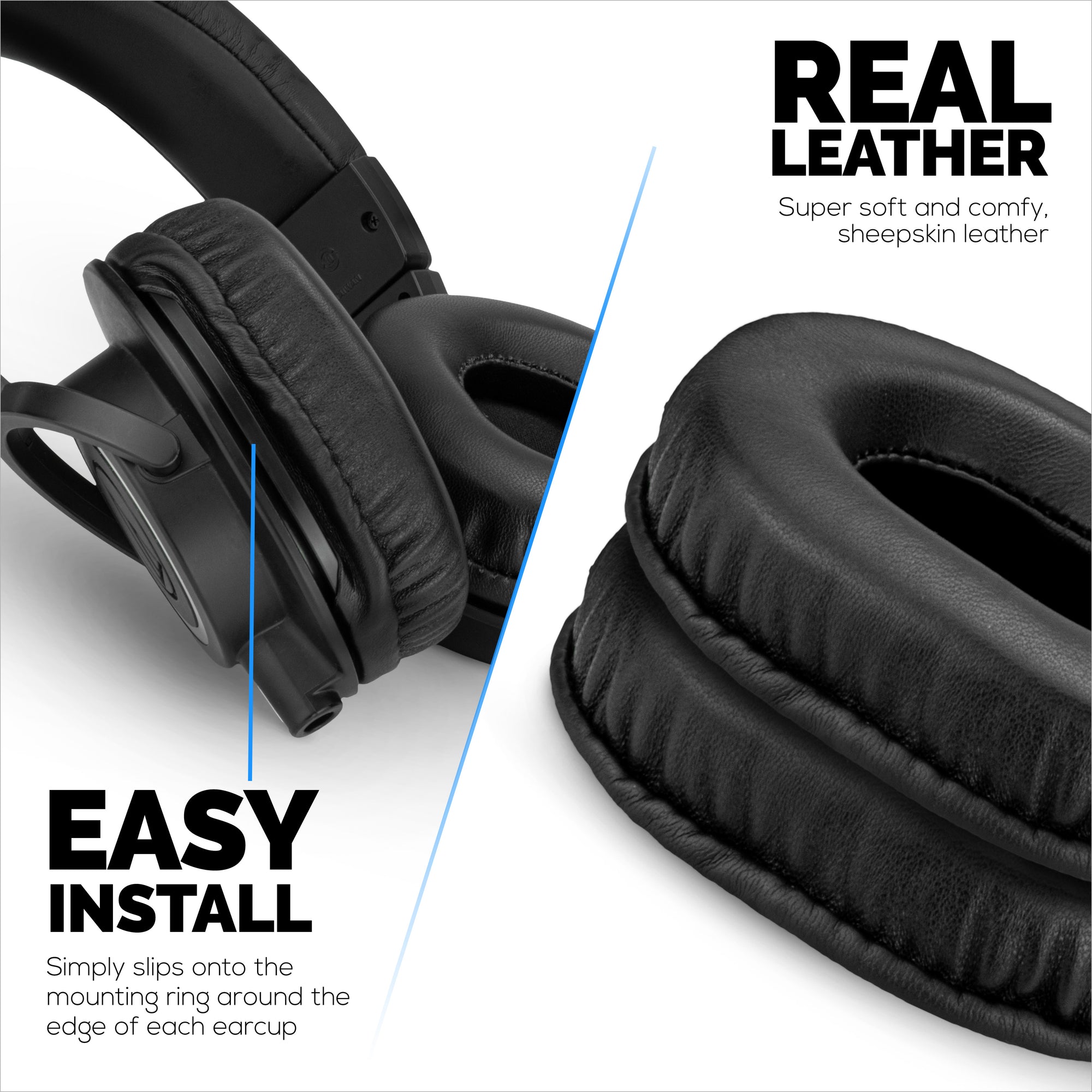 وسادات أذن بديلة من جلد الغنم لسماعات Audio Technica ATH-M50X، M50xBT، M50RD، M40X، M30X، M20X. مصنوعة من جلد طبيعي ناعم وإسفنج ميموري فوم.