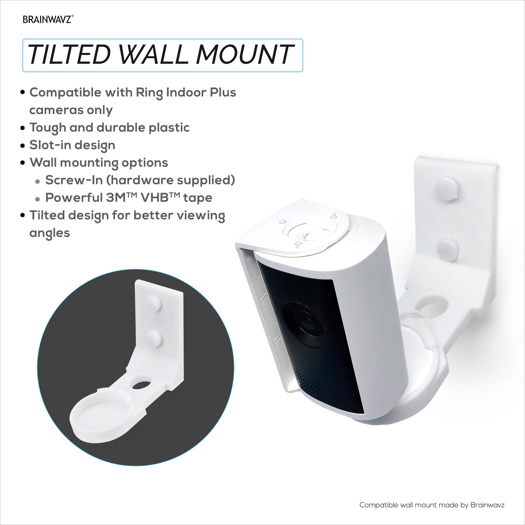 حامل جداري لكاميرا Ring Indoor Plus - حامل سهل التركيب مصمم خصيصًا مع شريط 3M VHB ومسامير لتثبيت آمن - زاوية رؤية أفضل وثبات أعلى