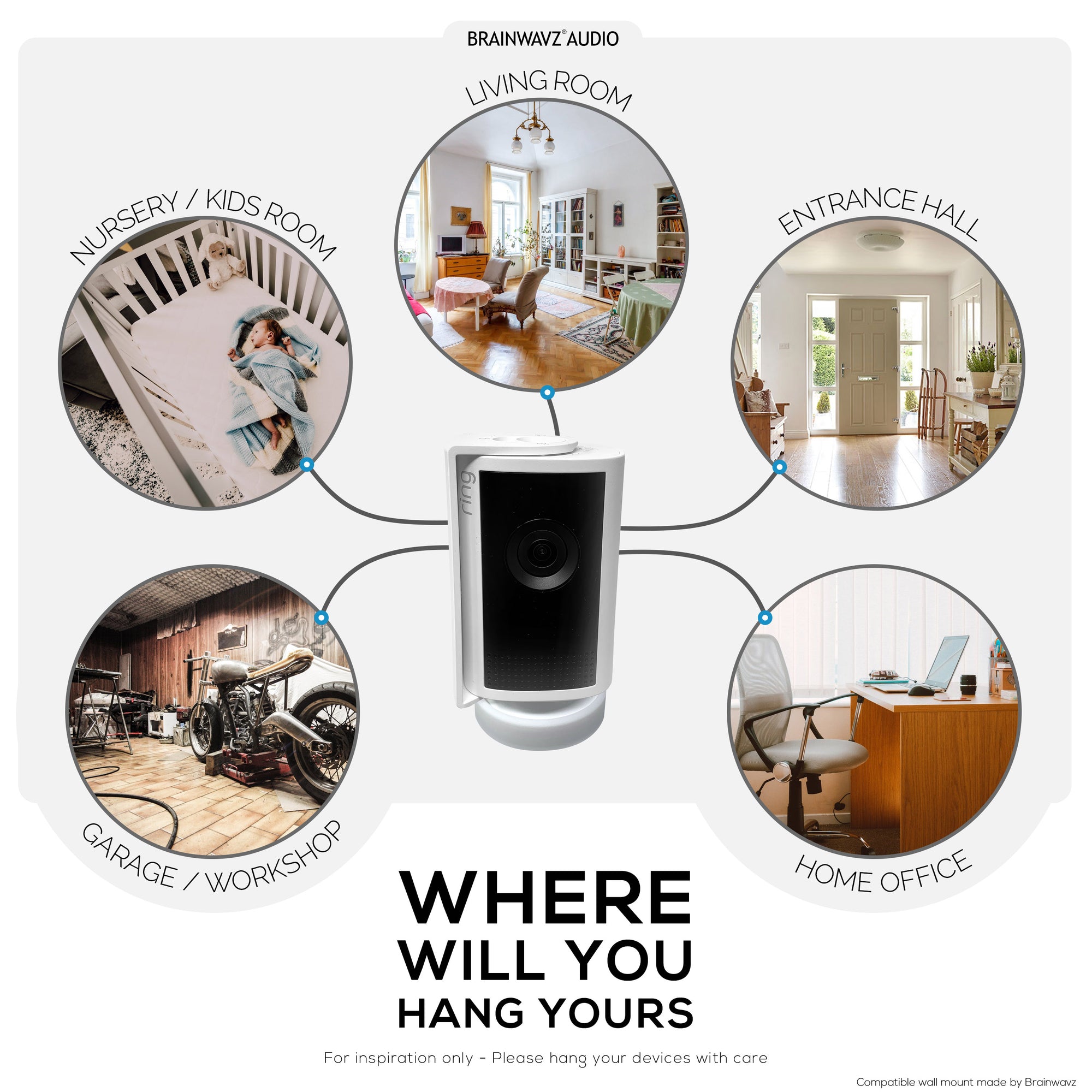 حامل جداري لكاميرا Ring Indoor Plus - حامل سهل التركيب مصمم خصيصًا مع شريط 3M VHB ومسامير لتثبيت آمن - زاوية رؤية أفضل وثبات أعلى