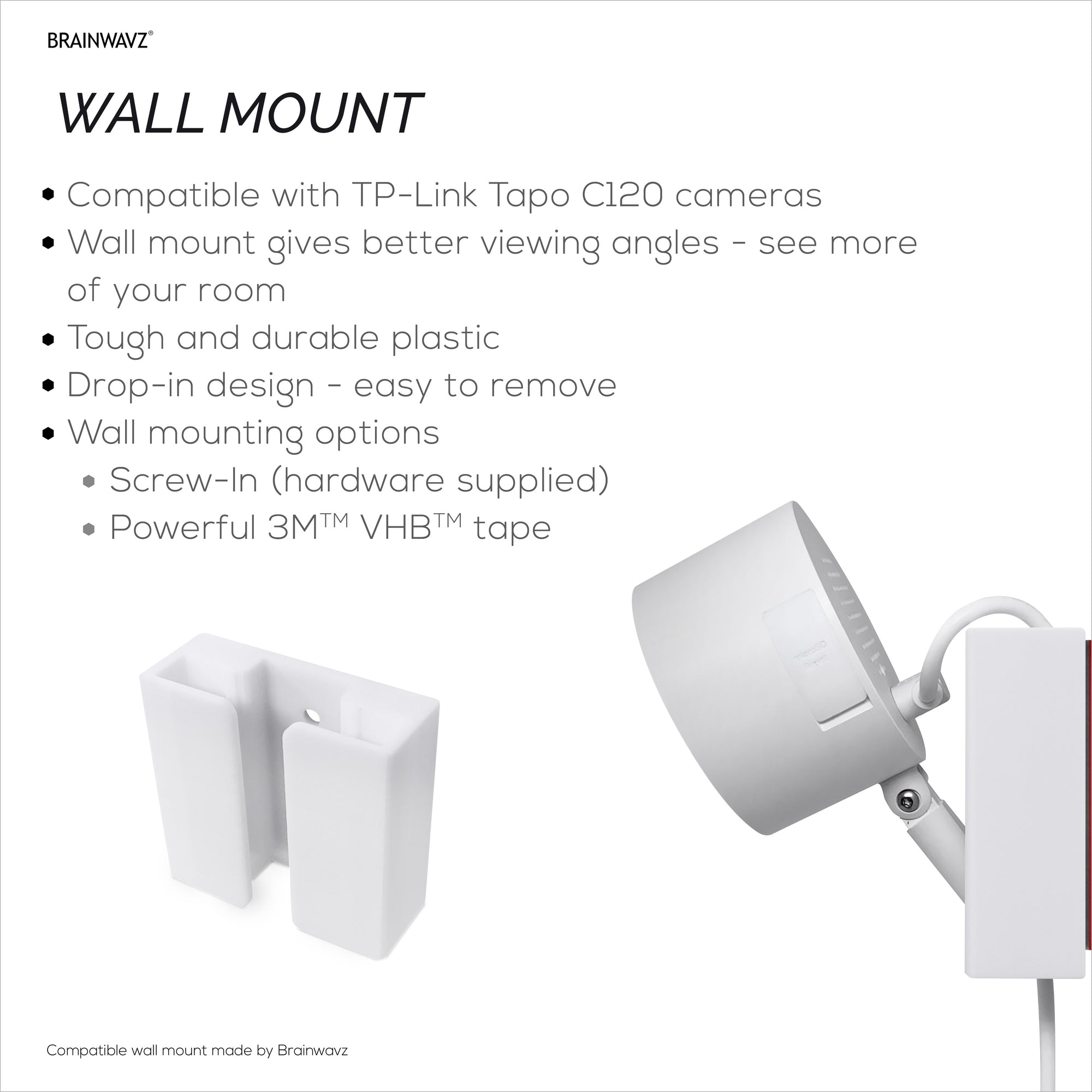 حامل حائط لكاميرا TP-Link Tapo C120 - حامل سهل التركيب بمقاس مخصص مع شريط 3M VHB ومسامير للتثبيت الآمن