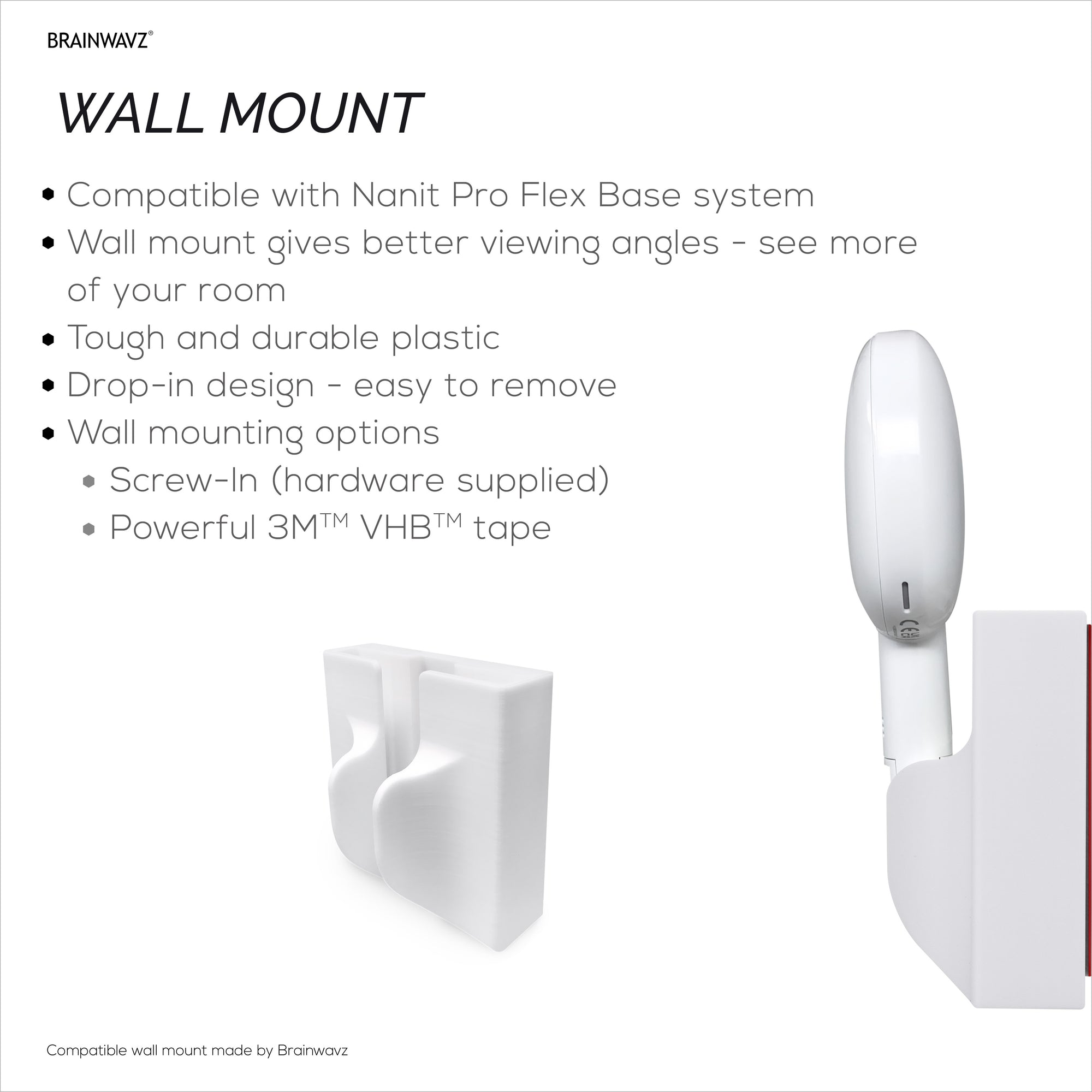 حامل حائط لقاعدة Nanit Pro Flex والكاميرا - حامل سهل التركيب ومخصص مع شريط 3M VHB ومسامير للتثبيت الآمن