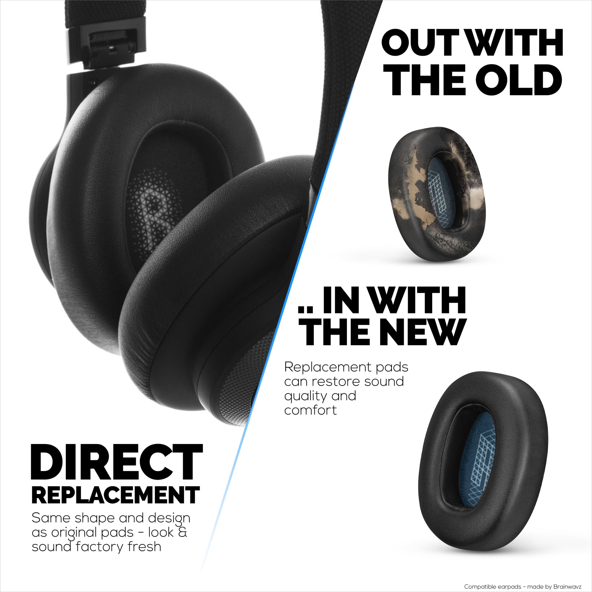 Erstatningsørepuder til JBL E65 (E65BT E65BTNC), Live 650 (650NC 650BTNC), Live 660 (660NC 660BTNC) & Duet NC, bløde PU-læderpuder