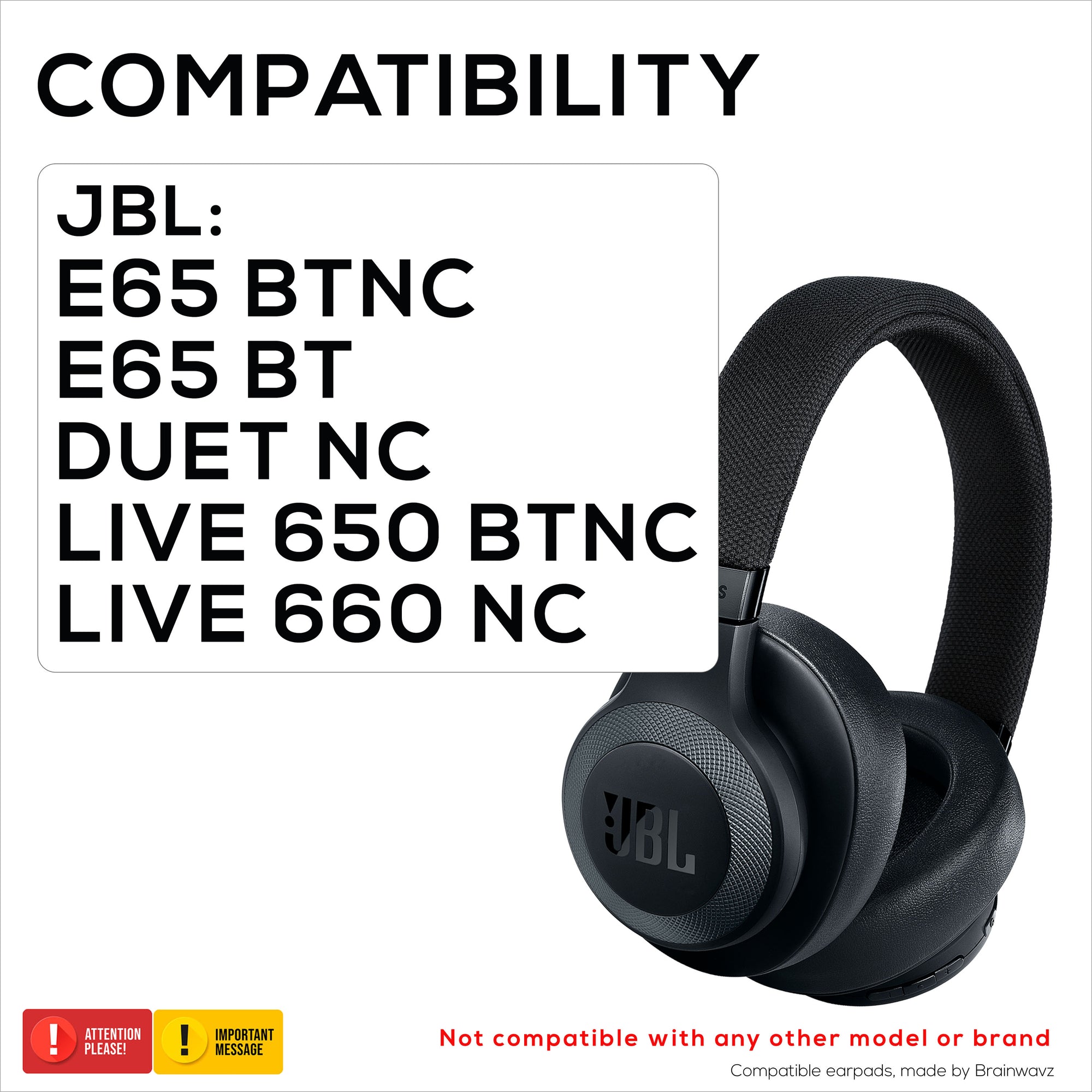 Erstatningsørepuder til JBL E65 (E65BT E65BTNC), Live 650 (650NC 650BTNC), Live 660 (660NC 660BTNC) & Duet NC, bløde PU-læderpuder
