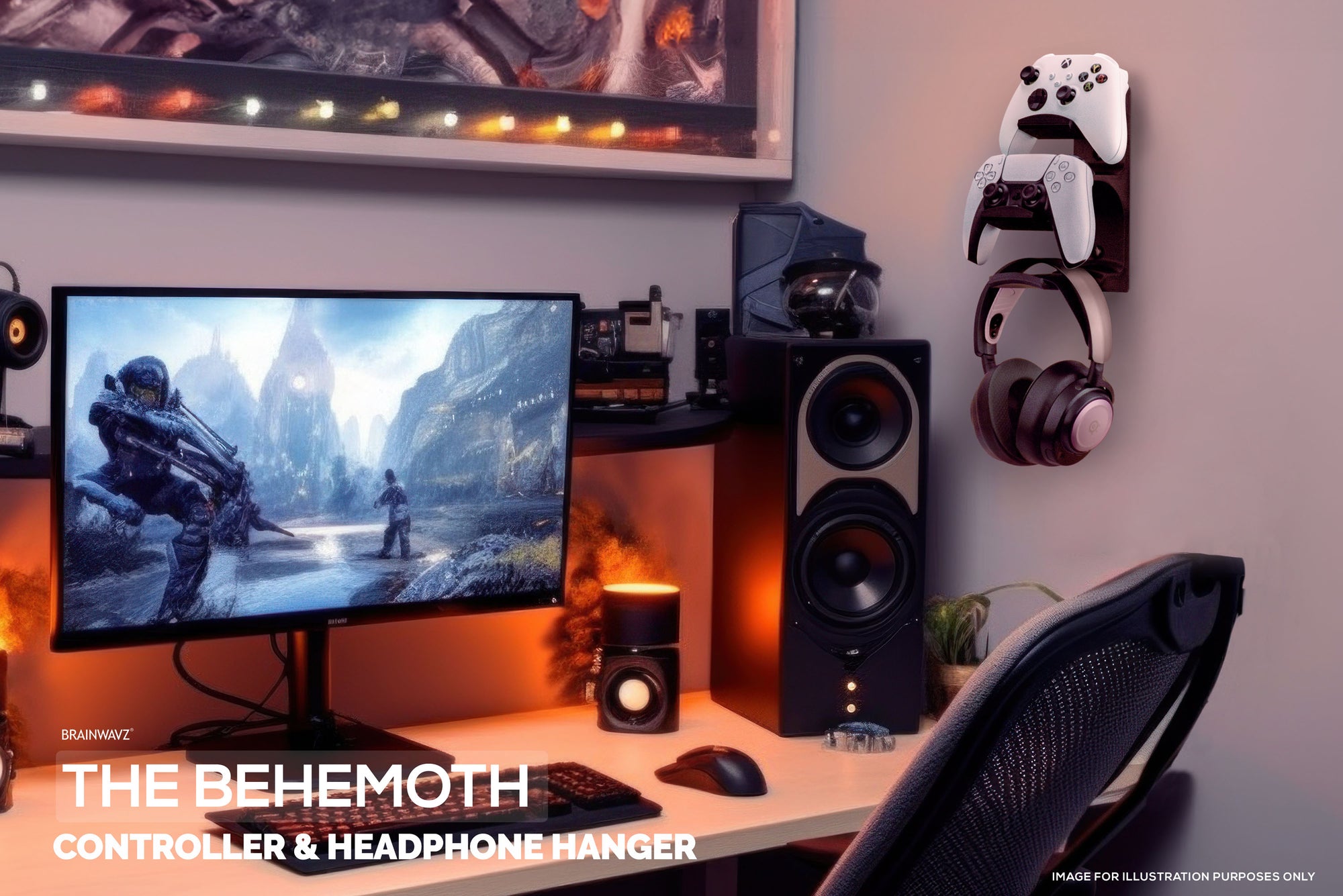 The Behemoth - Dual Game Controller & Hovedtelefonstativ Vægmonteringsholder - Designet til alle gamepads og headsets