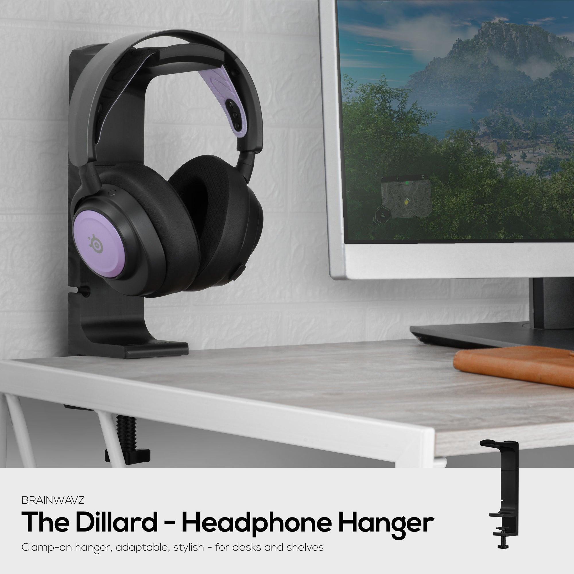 The Dillard - Side Desk Headphone Stand, Suitable for all Headsets, Clamps to Table