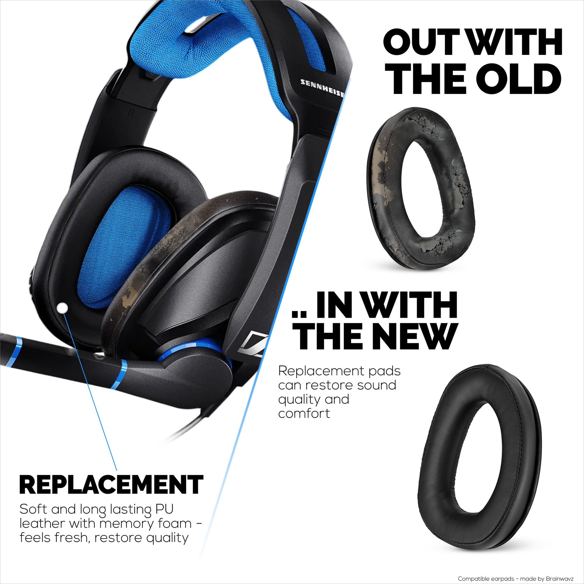 وسائد أذن بديلة لسماعات الرأس SENNHEISER GSP300 وGSP350 وGSP301 وGSP302 وGSP303 وGSP370 - جلد صناعي ناعم ورغوة ذاكرة