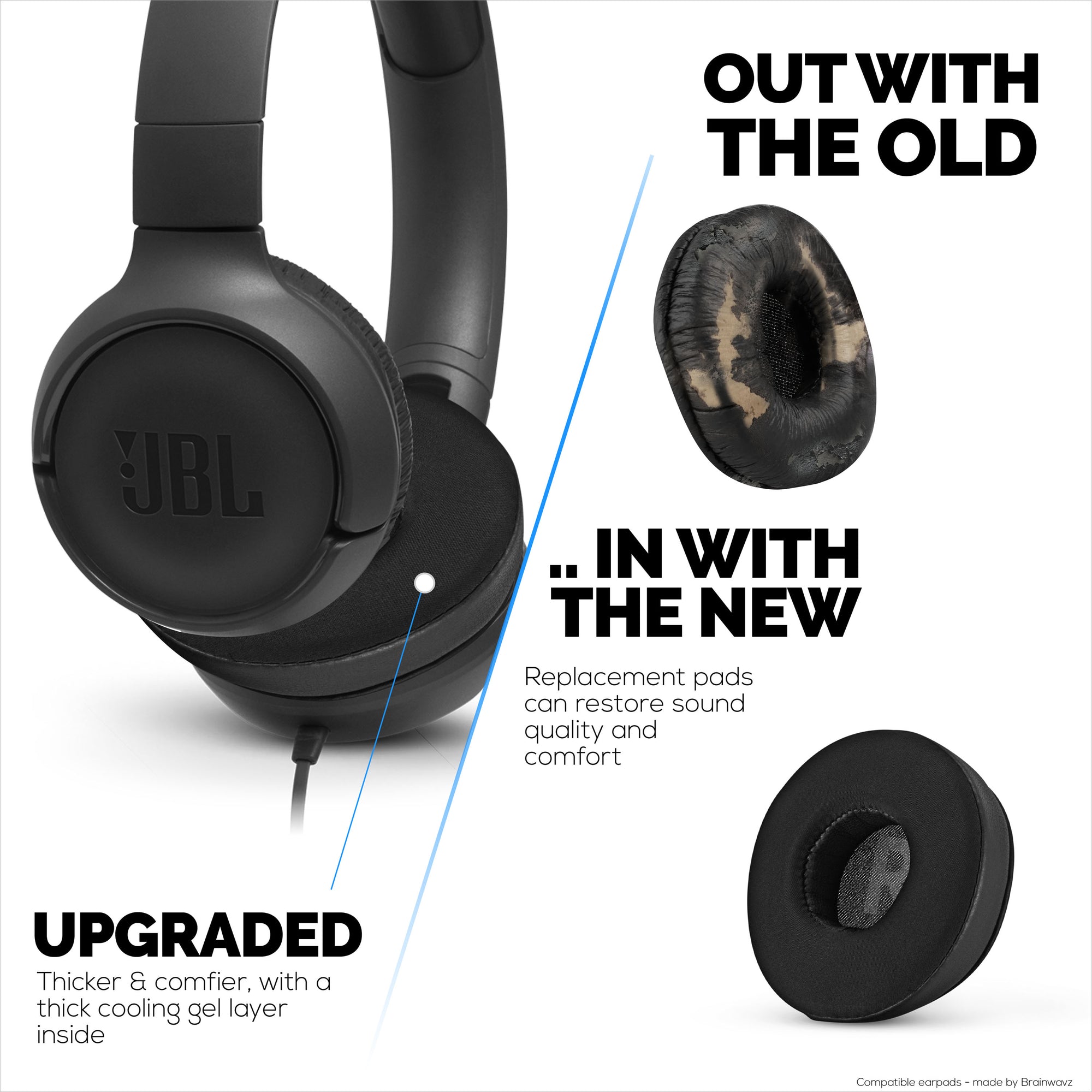 وسادات أذن هجينة لسماعات JBL JR300BT وTUNE 500 و510BT و600BTNC، جل بارد، نسيج فائق النعومة، جلد بولي يوريثين ورغوة ذاكرة سميكة