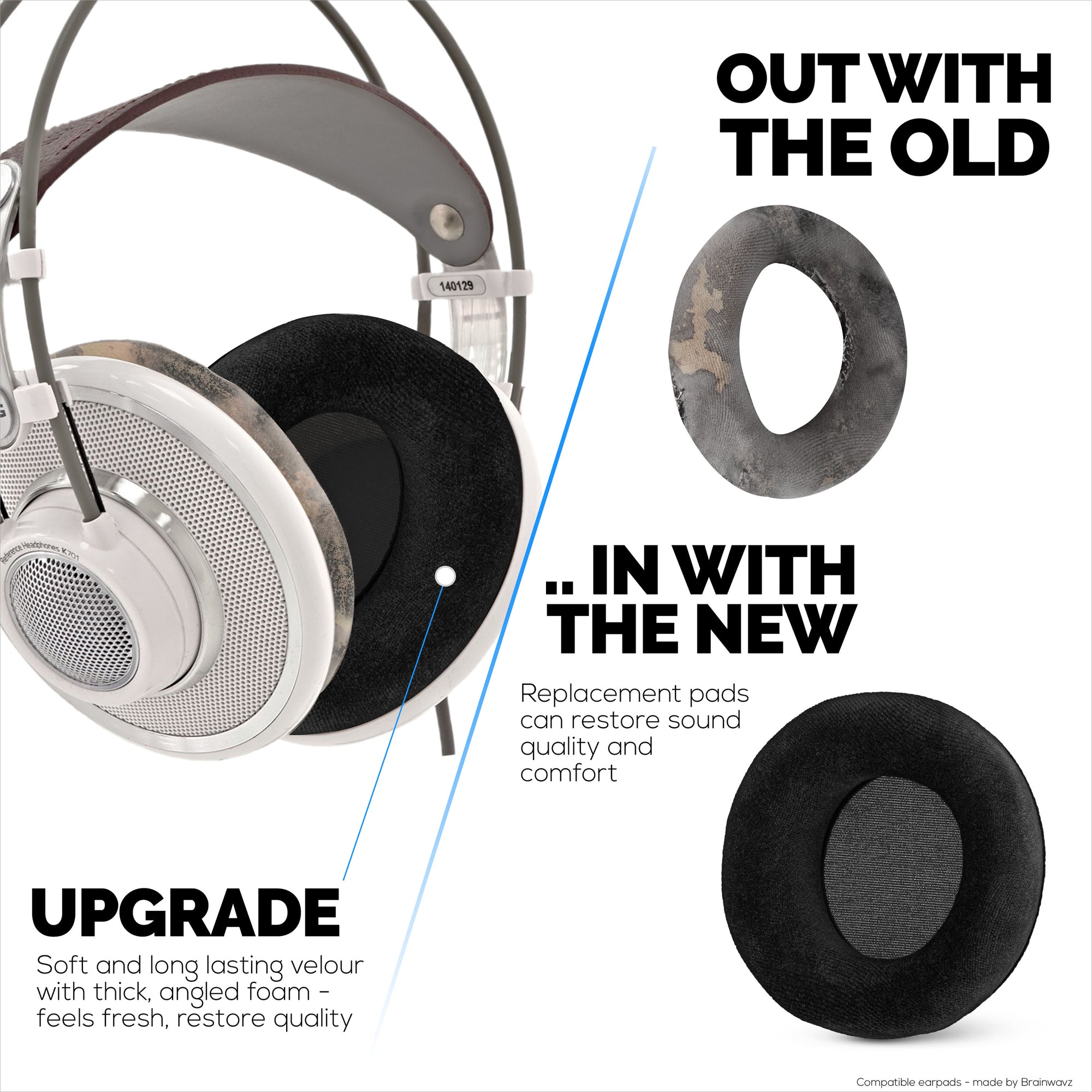 Erstatningsørepuder til AKG K701, K702, Q701, K601, K612, K712 hovedtelefoner - blød velour og skum