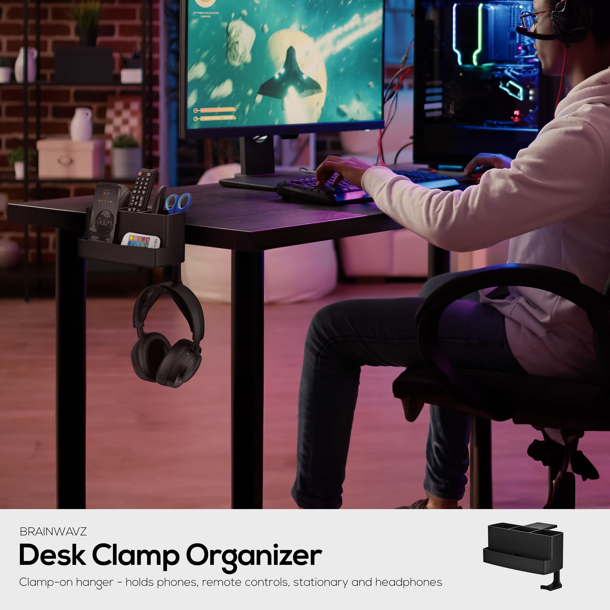 حامل حامل لسماعات الرأس والهواتف والأدوات المكتبية وجهاز التحكم عن بعد للطاولات والمكاتب، سهل التركيب، مشبك قابل للتعديل، مناسب لأحجام مختلفة من أجهزة التحكم عن بعد والأقلام وأقلام الرصاص وسماعات الرأس والهواتف والمزيد