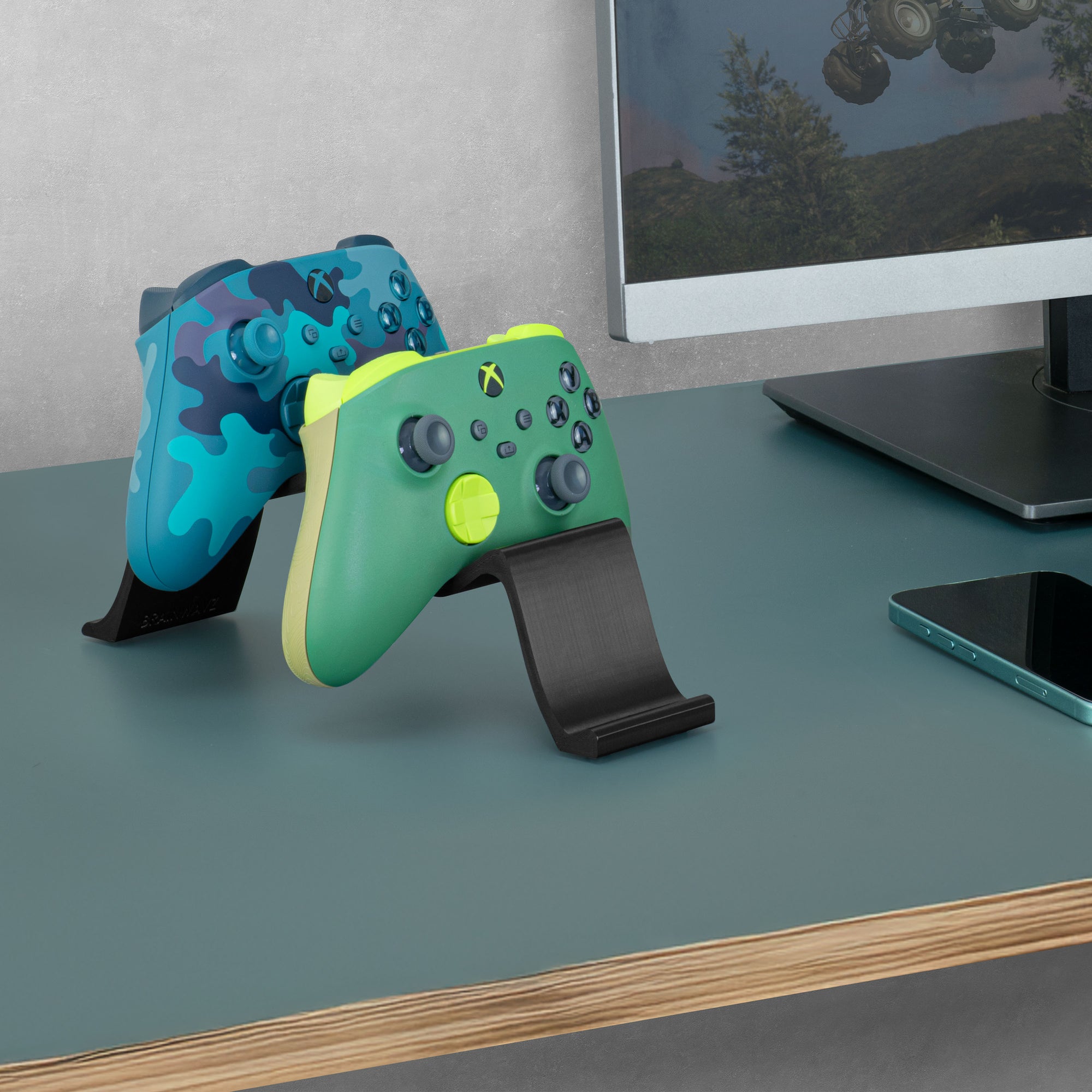 حامل وحدة تحكم الألعاب المزدوجة لسطح المكتب - تصميم موجة أنيق وبسيط، مناسب لأجهزة PS5 وXbox وSwitch والكمبيوتر الشخصي ولوحات الألعاب القديمة
