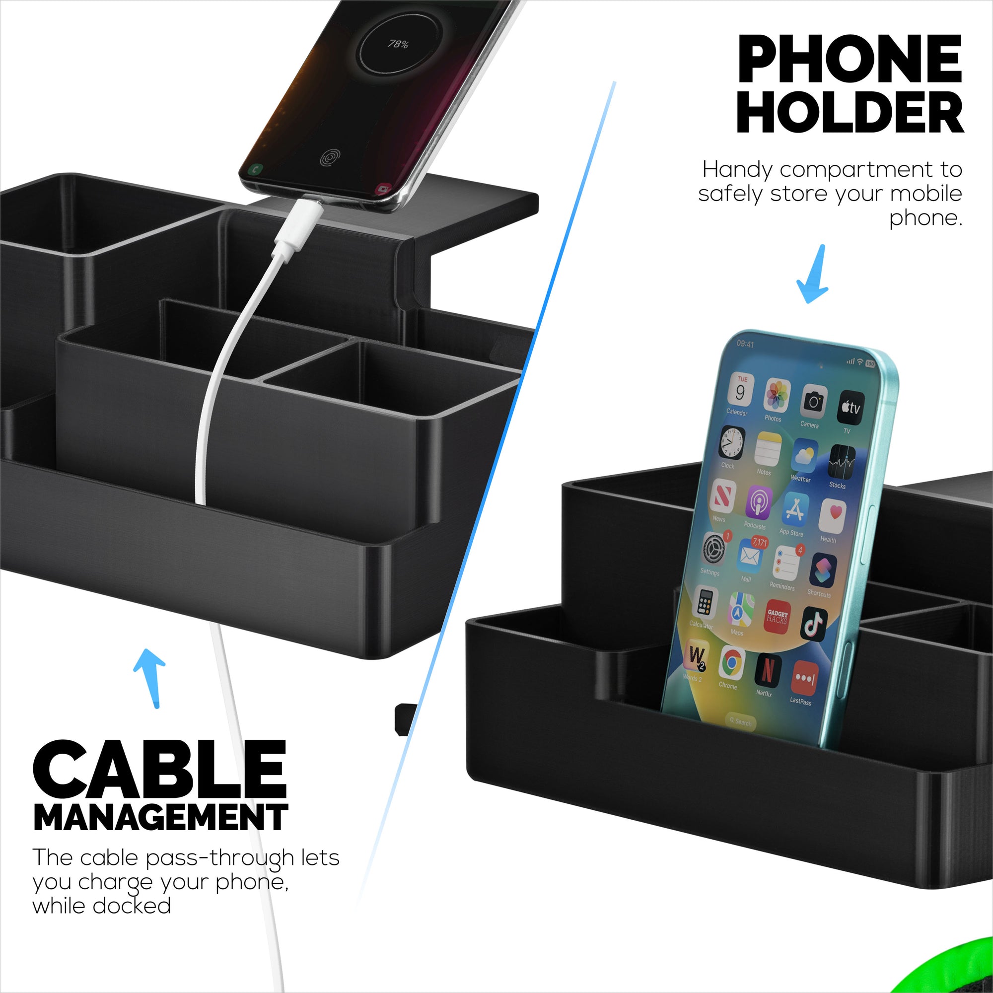 حامل أقلام ثابت مع حامل سماعات رأس، منظم للمكتب المنزلي للهواة والحرف اليدوية لجانب المكتب، أرفف - سهل التركيب، مشبك قابل للتعديل