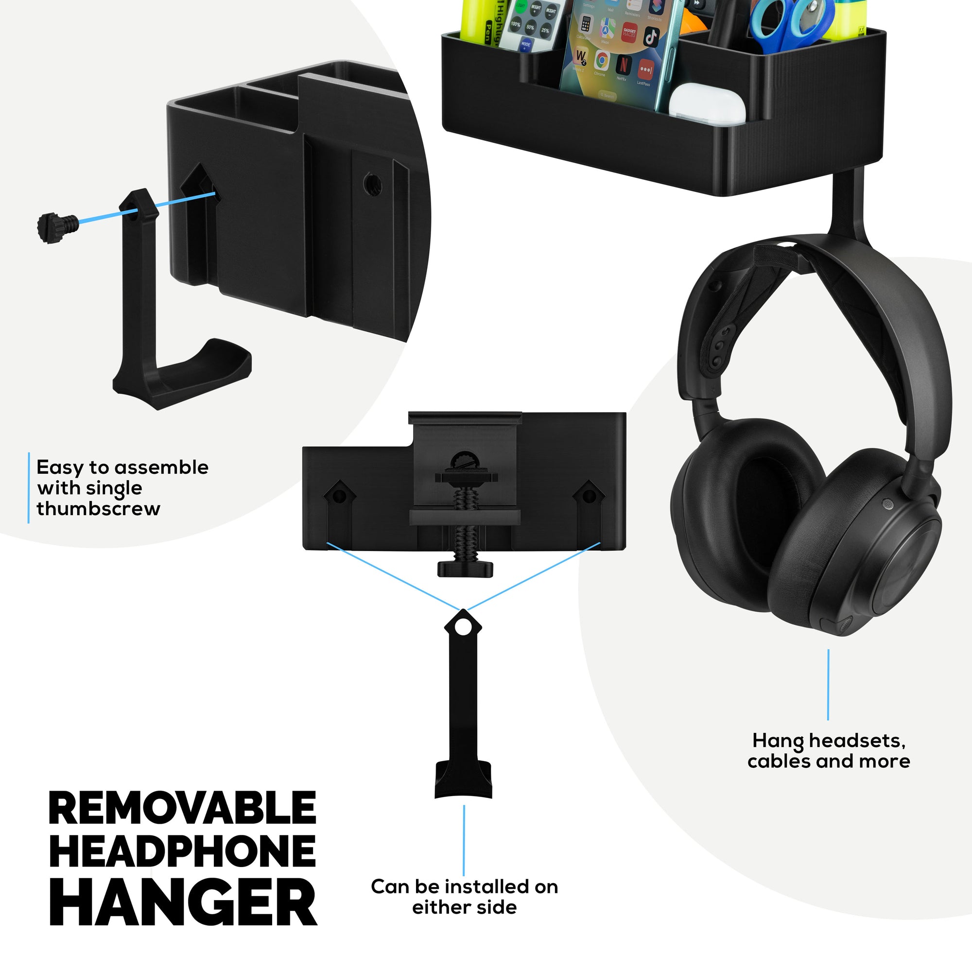 حامل أقلام ثابت مع حامل سماعات رأس، منظم للمكتب المنزلي للهواة والحرف اليدوية لجانب المكتب، أرفف - سهل التركيب، مشبك قابل للتعديل