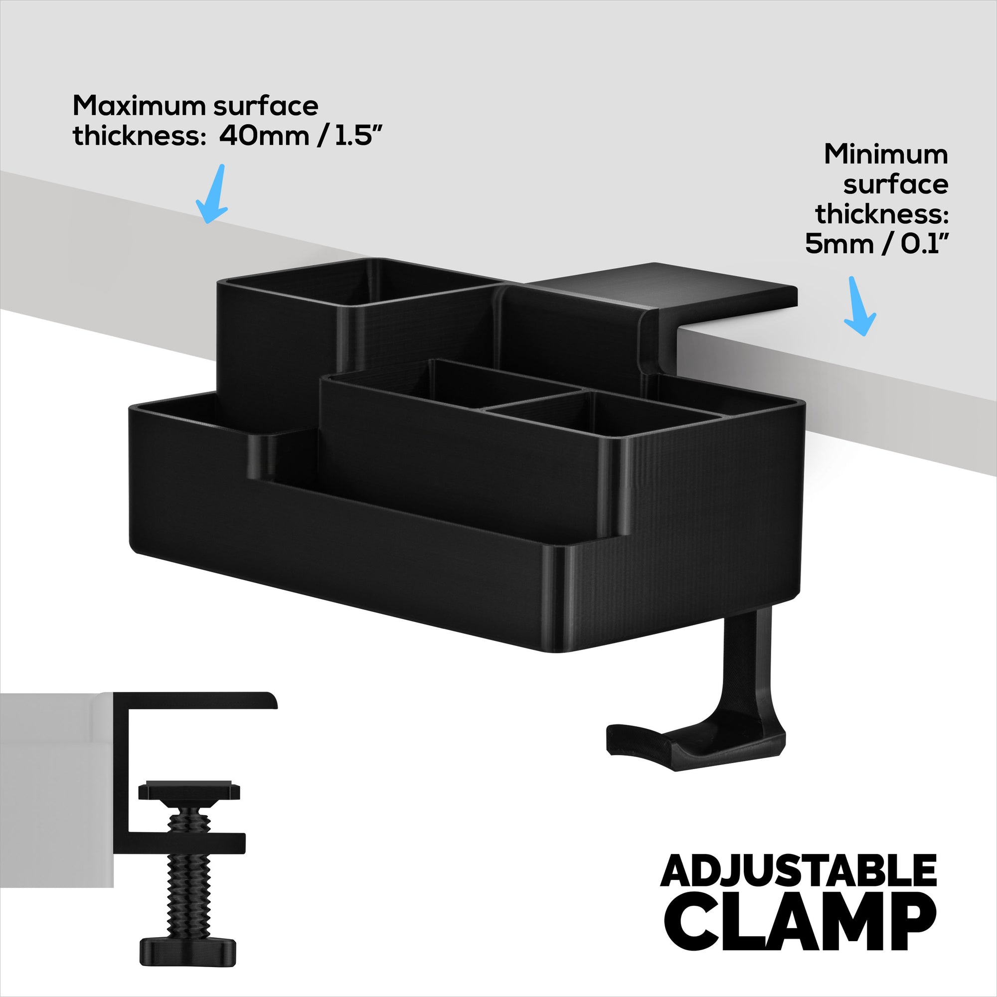 حامل أقلام ثابت مع حامل سماعات رأس، منظم للمكتب المنزلي للهواة والحرف اليدوية لجانب المكتب، أرفف - سهل التركيب، مشبك قابل للتعديل