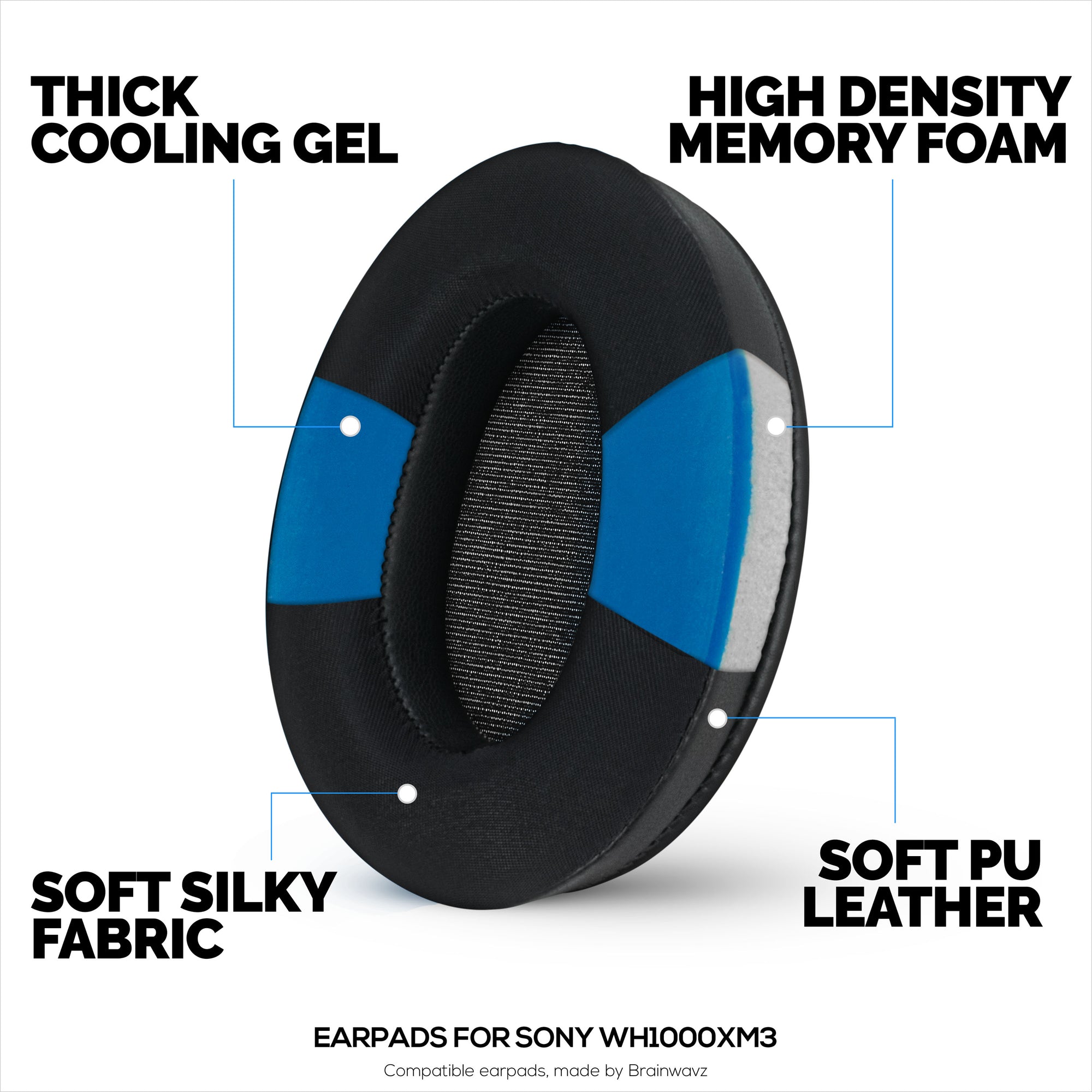 وسادات أذن جل هجينة لسماعات Sony WH-1000XM3، جل بارد، نسيج فائق النعومة، جلد بولي يوريثين ورغوة ذاكرة سميكة