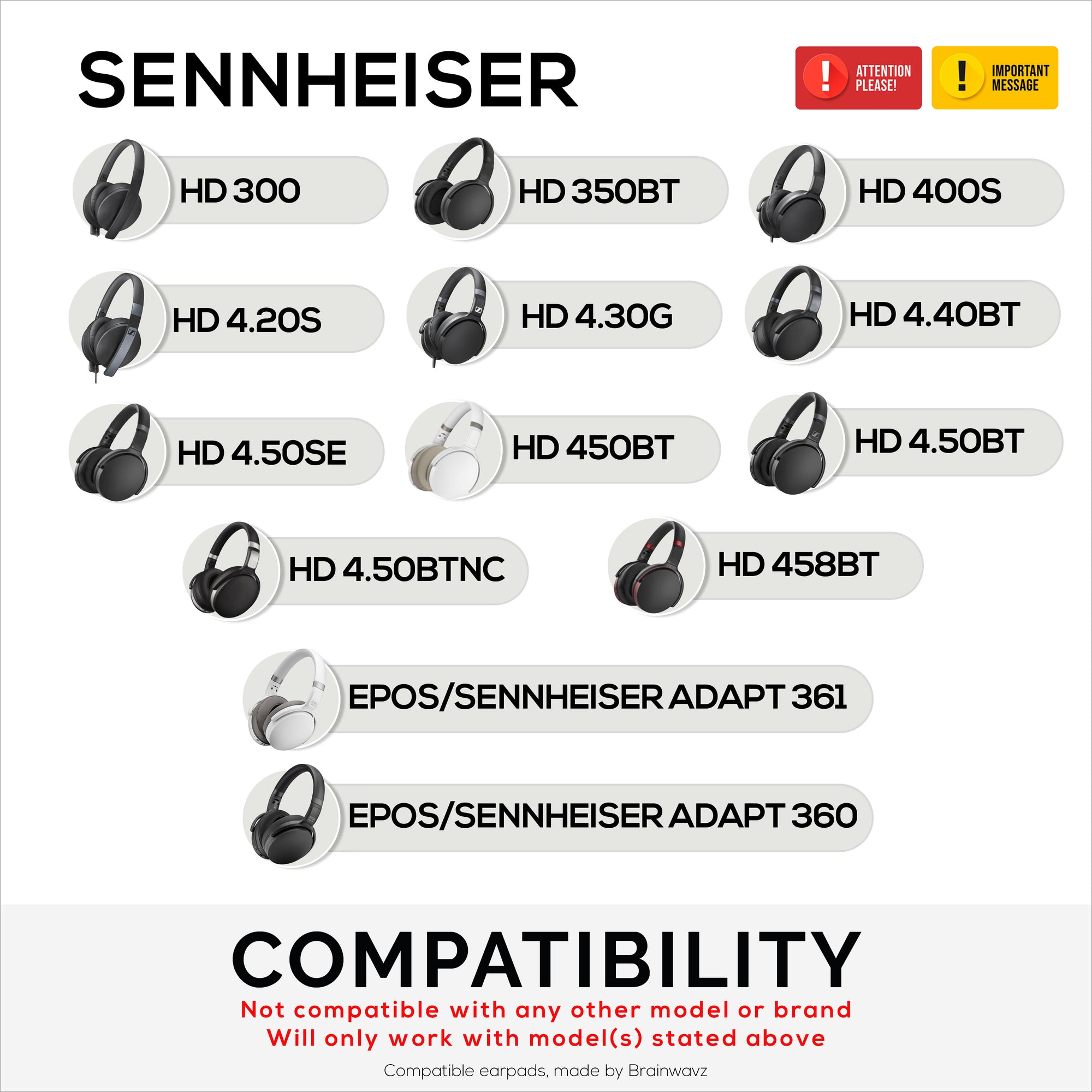 وسادات أذن بديلة لسماعات Sennheiser HD4.50BT و HD4.50BTNC و HD450BT و HD4.50SE و HD4.40BT و HD4.30G و HD4.20S و HD458BT و HD450 و HD400S و HD 350BT. مصنوعة من جلد PU ناعم مع إسفنج ميموري فوم.