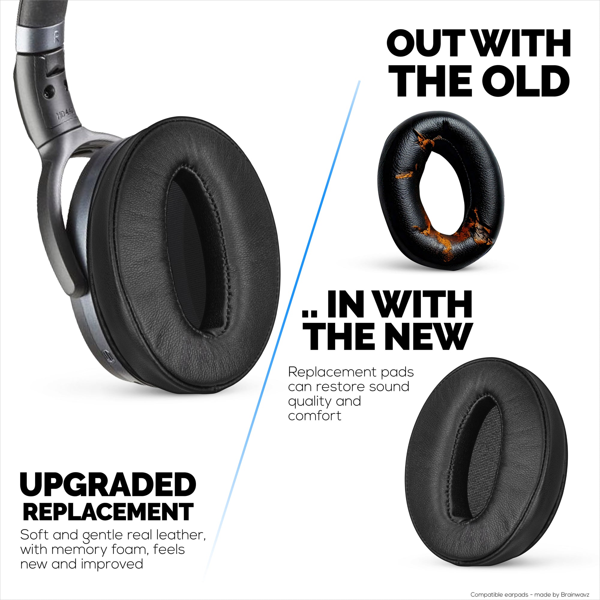 وسادات أذن بديلة لسماعات Sennheiser HD4.50BT و HD4.50BTNC و HD450BT و HD4.50SE و HD4.40BT و HD4.30G و HD4.20S و HD458BT و HD450 و HD400S و HD 350BT. مصنوعة من جلد طبيعي ناعم مع إسفنج ميموري فوم.