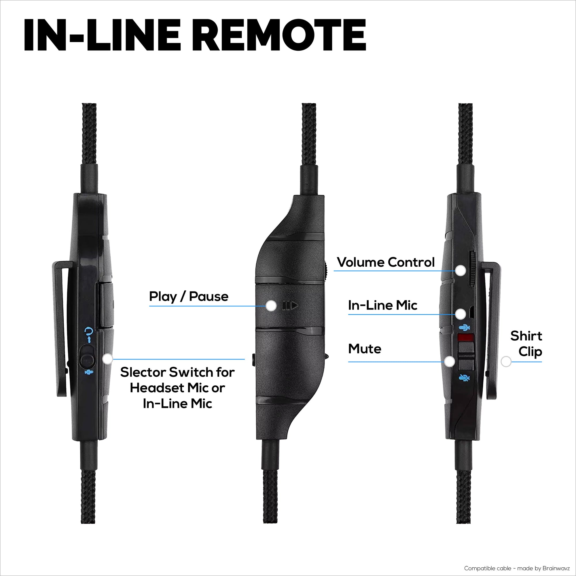 كابل صوت بديل متوافق مع أجهزة Logitech G633 وG635 وG933 وG935 - ميكروفون/ريموت مدمج مع خاصية كتم الصوت والتحكم في مستوى الصوت - سلك سماعة رأس مضفر من النايلون للألعاب
