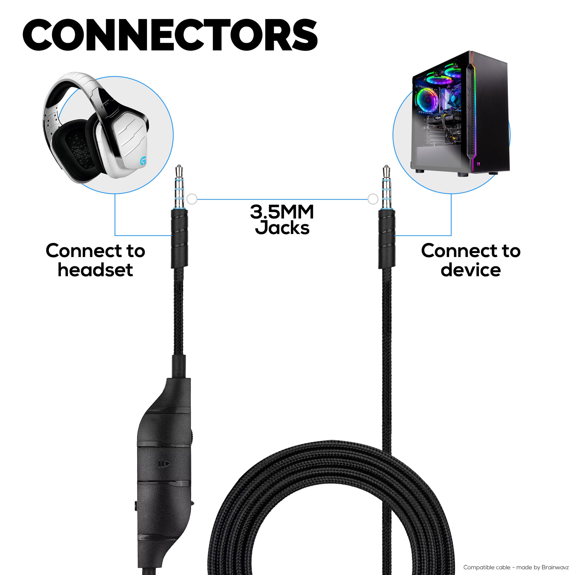 كابل صوت بديل متوافق مع أجهزة Logitech G633 وG635 وG933 وG935 - ميكروفون/ريموت مدمج مع خاصية كتم الصوت والتحكم في مستوى الصوت - سلك سماعة رأس مضفر من النايلون للألعاب