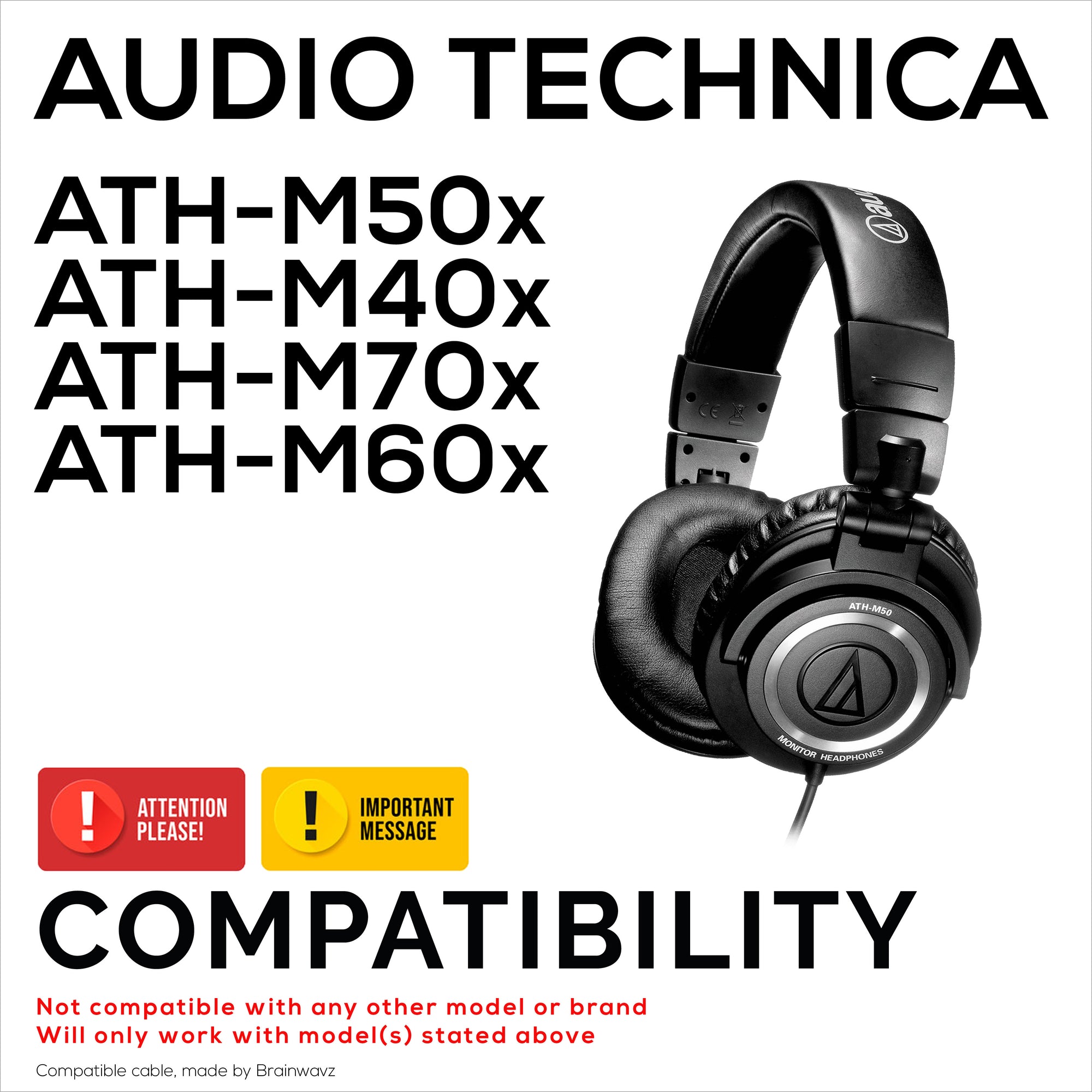 Spiraludskiftningslydkabel kompatibel med Audio-Technica ATH-M50x, M40x, M70x, M60x – 2.5 mm til 3.5 mm forgyldte stik med 6.5 mm adapter