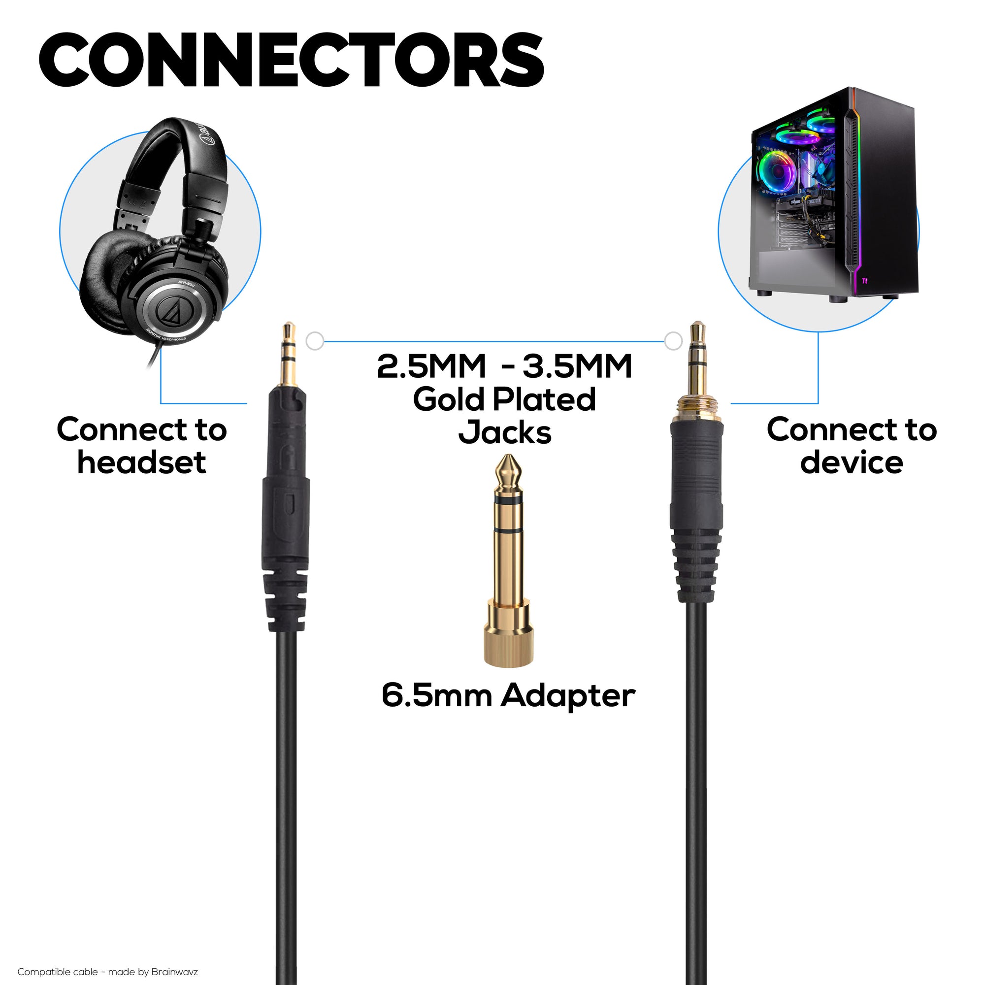 Spiraludskiftningslydkabel kompatibel med Audio-Technica ATH-M50x, M40x, M70x, M60x – 2.5 mm til 3.5 mm forgyldte stik med 6.5 mm adapter