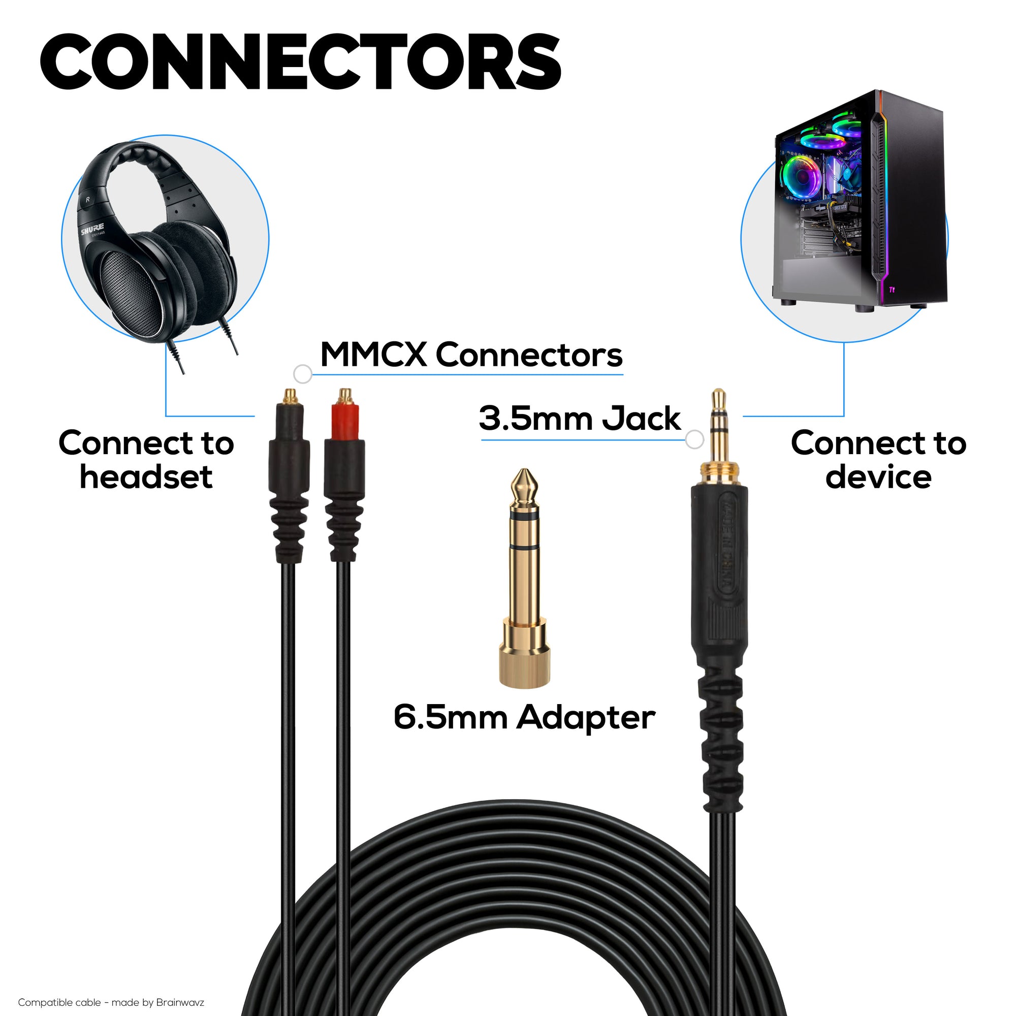 كابل صوت بديل متوافق مع سماعات الرأس Shure SRH1440 وSRH1540 وSRH1840 - موصلات مطلية بالذهب من MMCX إلى 3.5 مم مع محول 6.5 مم