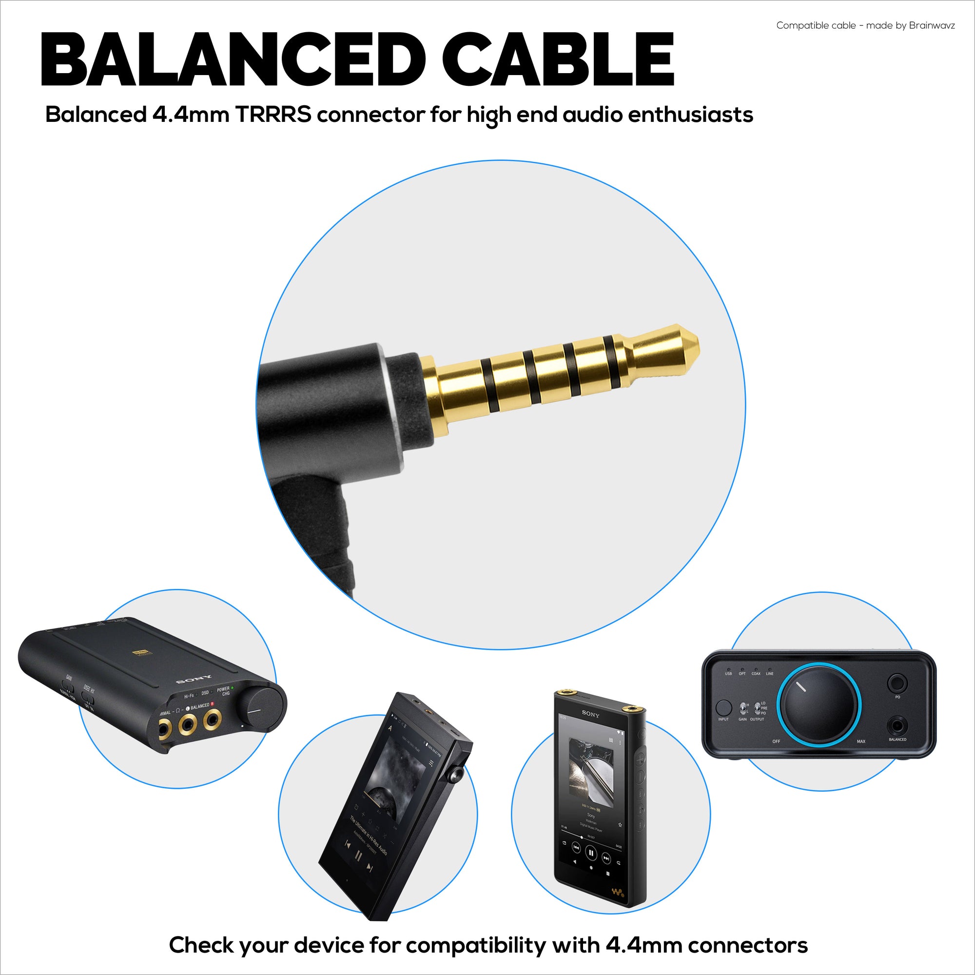 كابل صوت متوازن متوافق مع سماعات Sennheiser Momentum - مقبسان مطليان بالذهب TRRRS متوازنان بقياس 2.5 مم وقفل ملتوي بقياس 4.4 مم