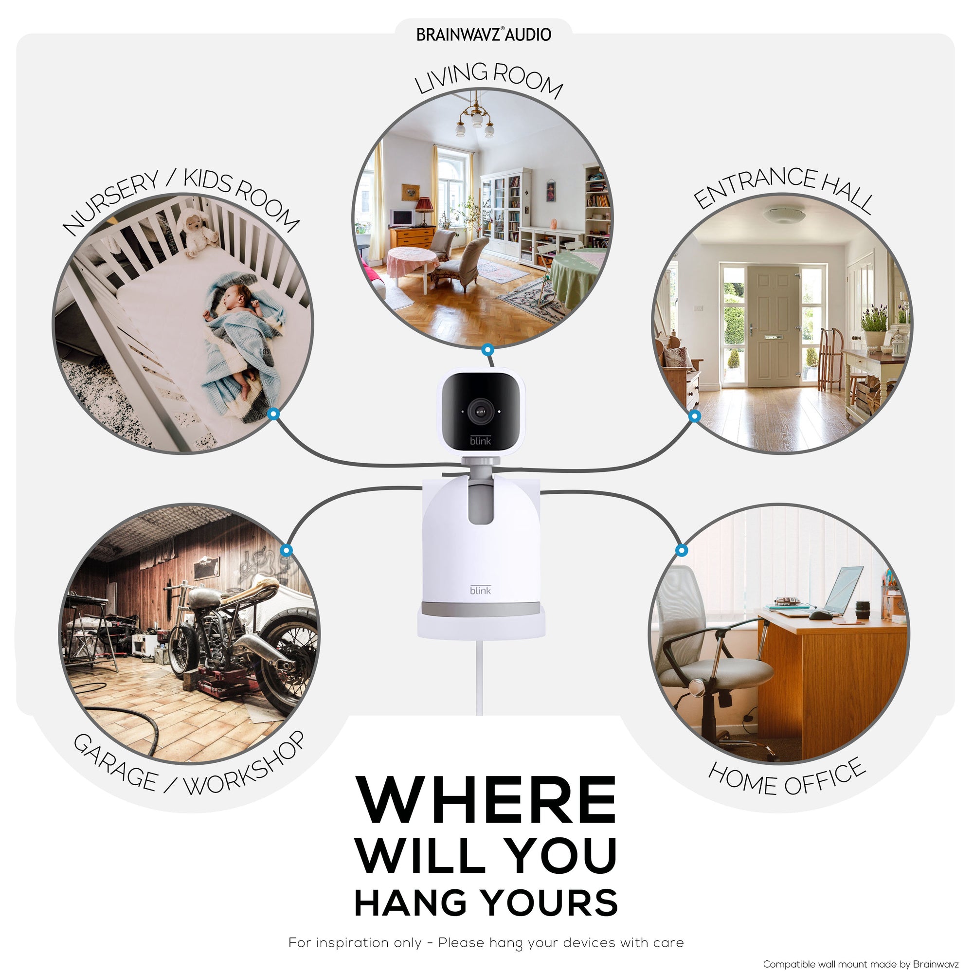 حامل جداري بدون براغي لكاميرا Blink Mini Pan Tilt، حامل سهل التركيب، بدون فوضى، حامل VHB قوي مع خيار المسمار