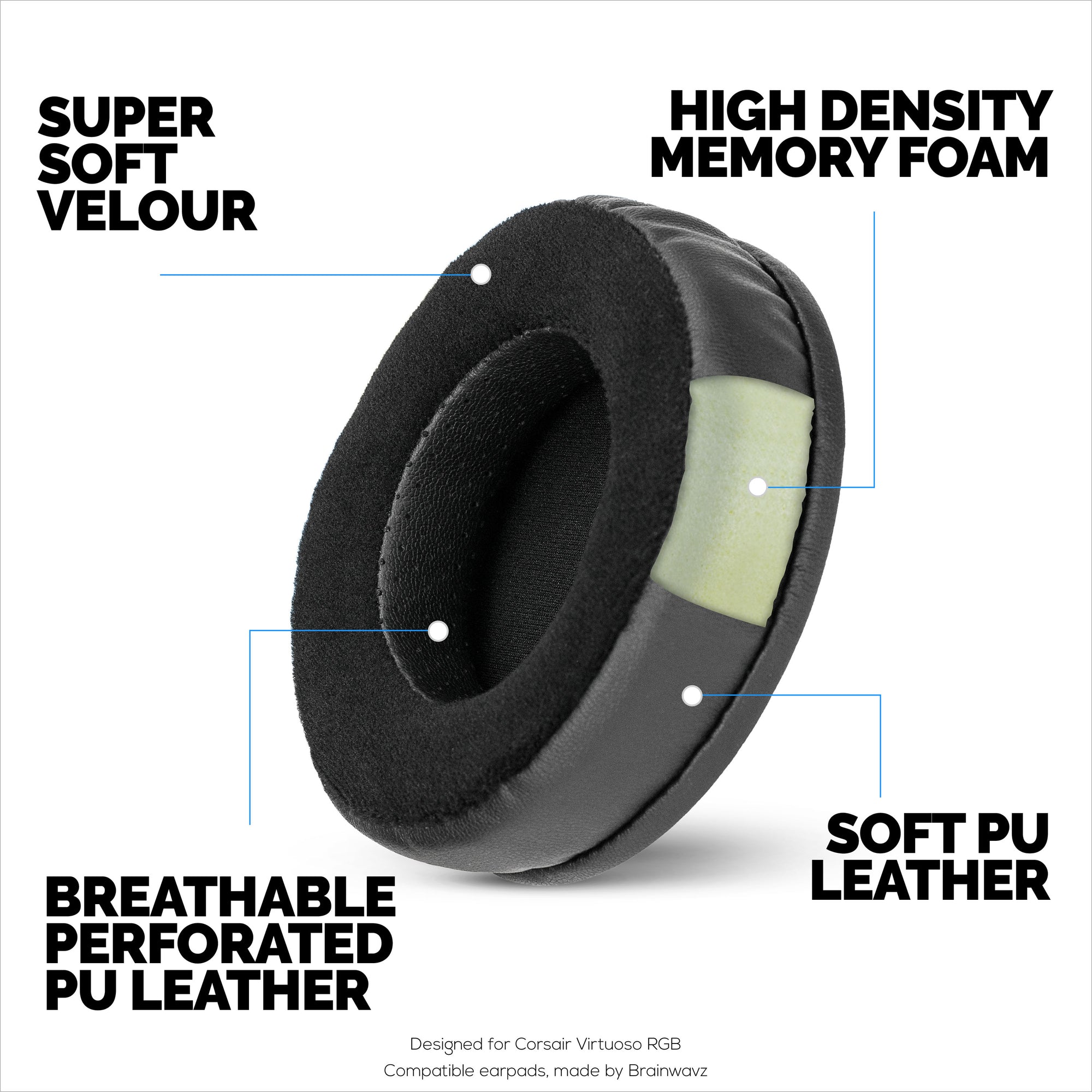 وسادات أذن سميكة هجينة لسماعات Corsair Virtuoso RGB (لاسلكية/XT/SE) - إسفنج ميموري مع قطيفة ومادة هجينة من جلد البولي يوريثان