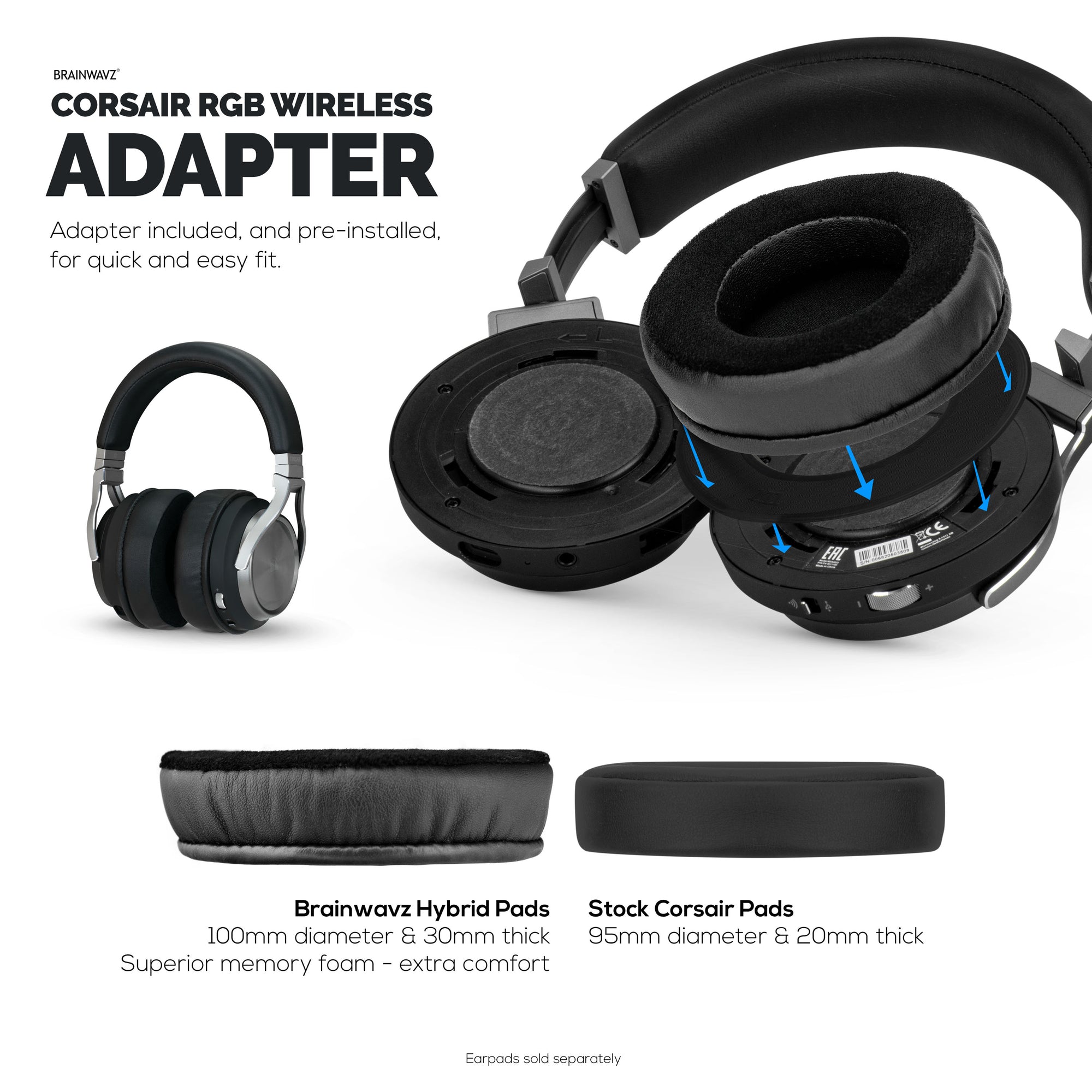 وسادات أذن سميكة هجينة لسماعات Corsair Virtuoso RGB (لاسلكية/XT/SE) - إسفنج ميموري مع قطيفة ومادة هجينة من جلد البولي يوريثان
