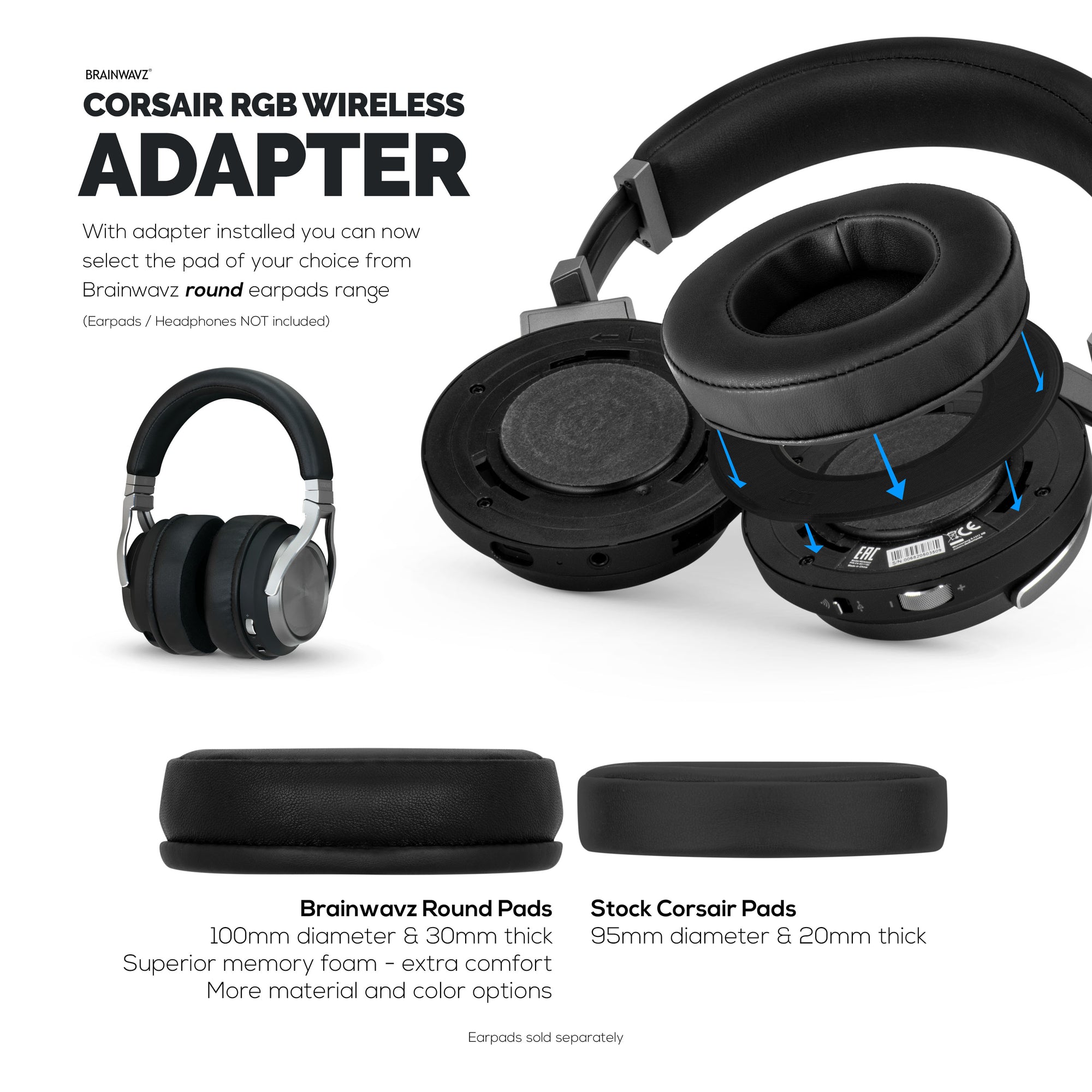 حلقة محول Earpad لسماعة الألعاب اللاسلكية Corsair Virtuoso RGB - للاستخدام مع وسادات أذن مستديرة 100 مم من Brainwavz