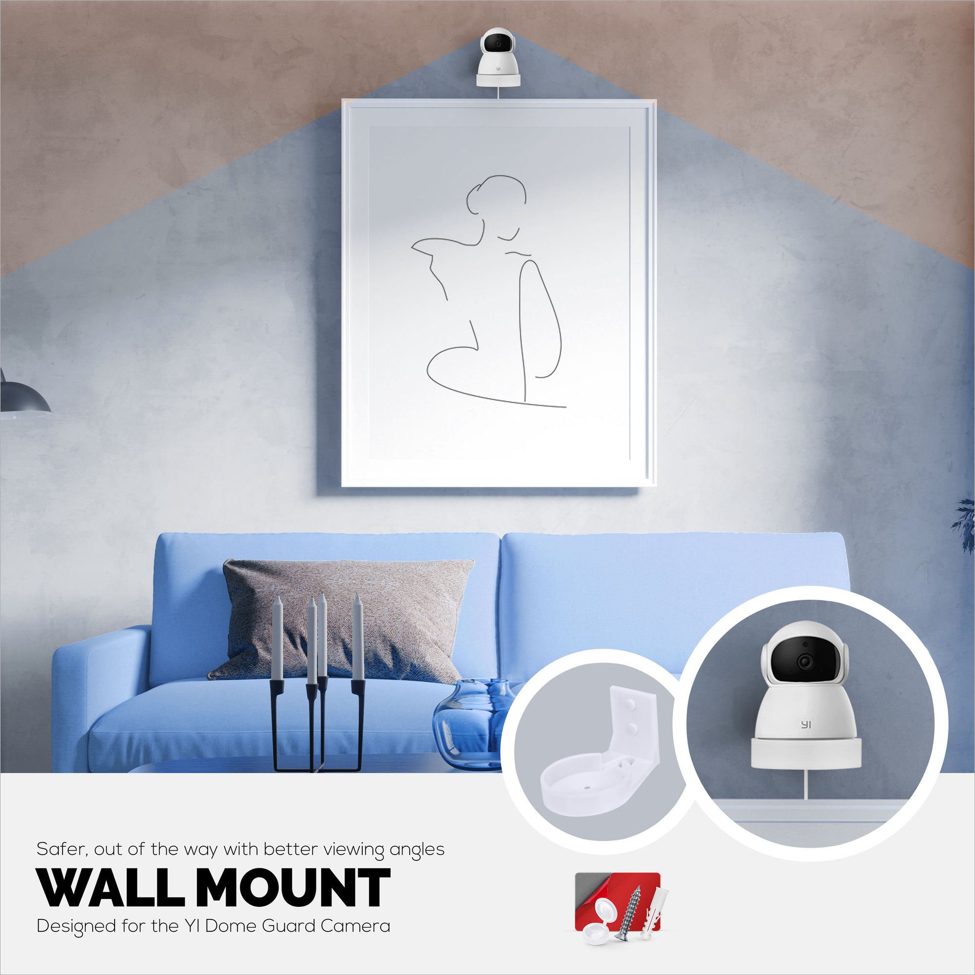 حامل حائط من أجل YI Dome Guard للحيوانات الأليفة والكاميرا الداخلية للأطفال ، حامل حامل لاصق سهل التركيب ، يقلل من البقع العمياء والفوضى