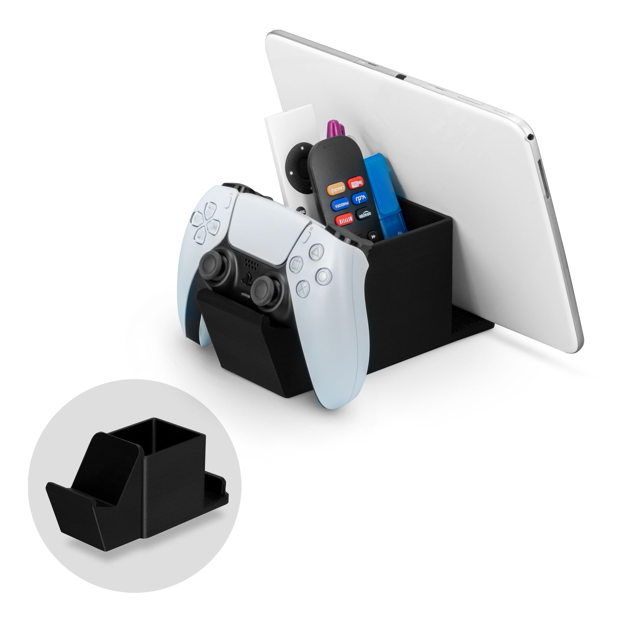 Desk Organizer with Game Controller Holder, Tablet Stand for iPads/iPhones, TV Remote & Pen Storage, Reduce Desktop Clutter, Have All Your Side Table Items in One Space