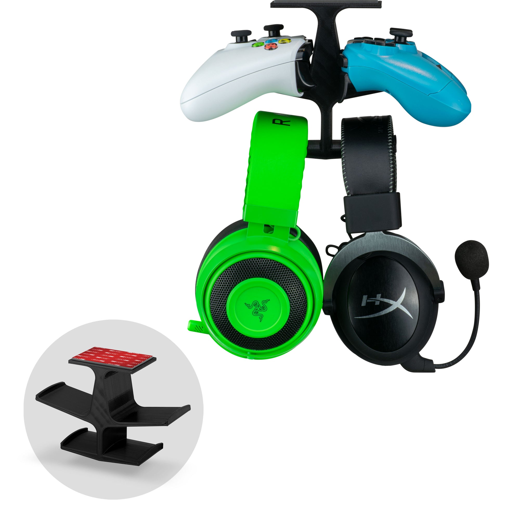 السندان - وحدة تحكم مزدوجة أسفل المكتب وشماعات سماعة رأس مزدوجة - حامل لاصق ، سهل التركيب ، بدون براغي