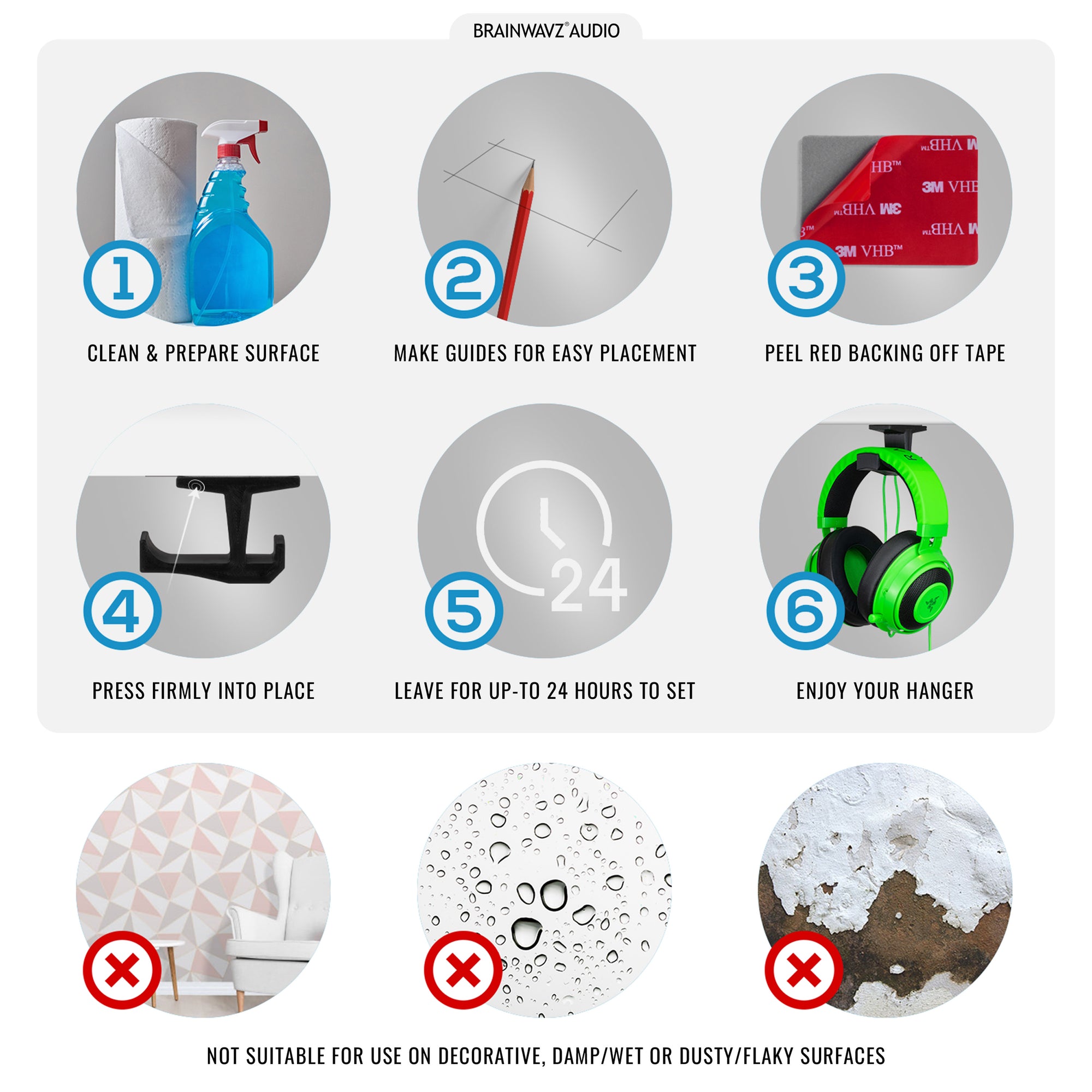 BigJ (2 Pack) Under Desk Headphone Hanger Holder and Cable Organiser