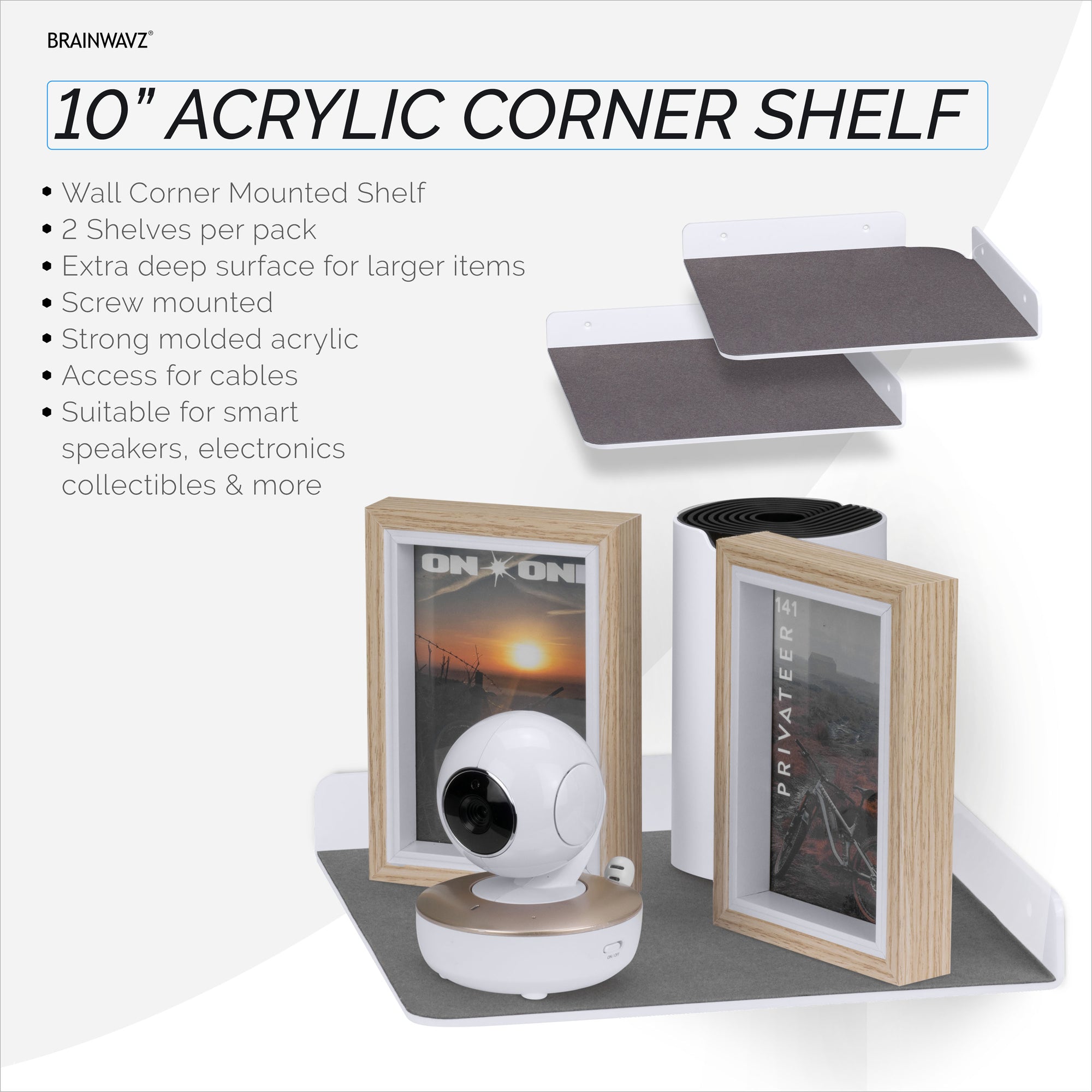 2-Pack 10 "رف عائم زاوية للسماعات ، والكتب ، والديكور ، والنباتات ، والكاميرات ، والصور ، والمطبخ ، والحمام ، وأجهزة التوجيه والمزيد من الرفوف الصغيرة للحائط الأكريليكي