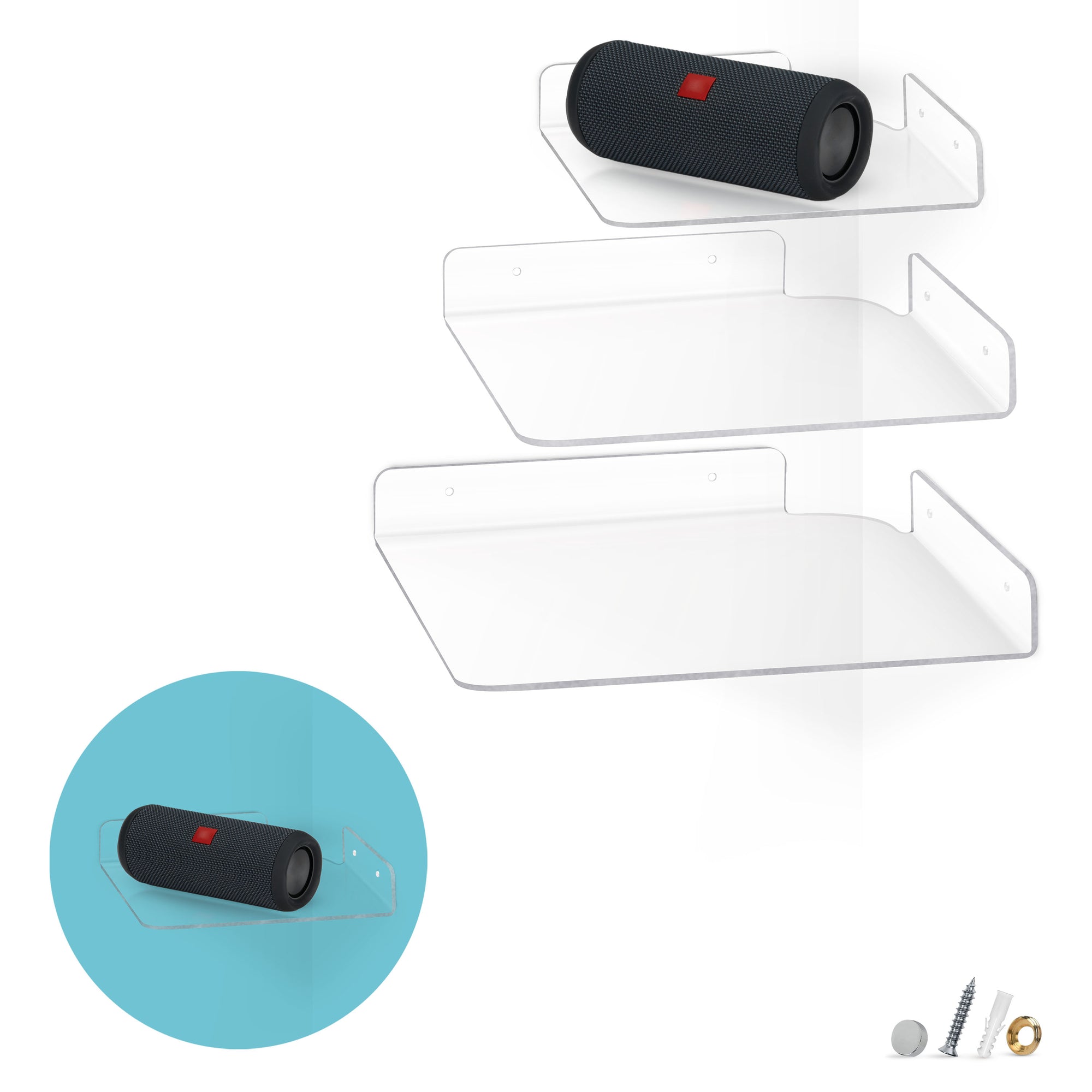 3 عبوات من أرفف الزاوية ذات الحجم المختلط (8 "9.5" و 10 ") لمكبرات الصوت والكتب والديكور والنباتات والكاميرات والصور والمطبخ والحمام وأجهزة التوجيه والمزيد من أرفف الحائط الأكريليك الصغيرة الشاملة