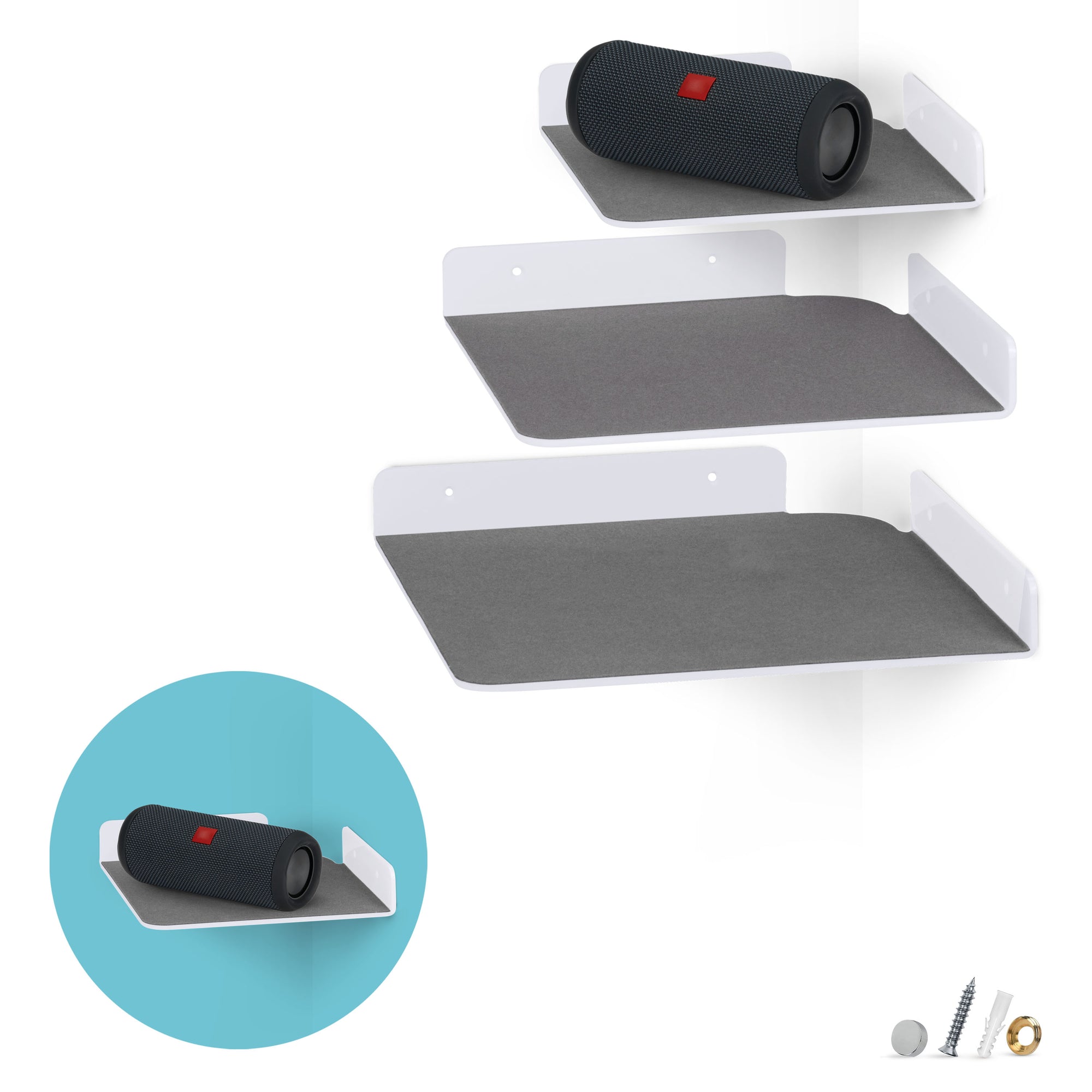 3 عبوات من أرفف الزاوية ذات الحجم المختلط (8 "9.5" و 10 ") لمكبرات الصوت والكتب والديكور والنباتات والكاميرات والصور والمطبخ والحمام وأجهزة التوجيه والمزيد من أرفف الحائط الأكريليك الصغيرة الشاملة