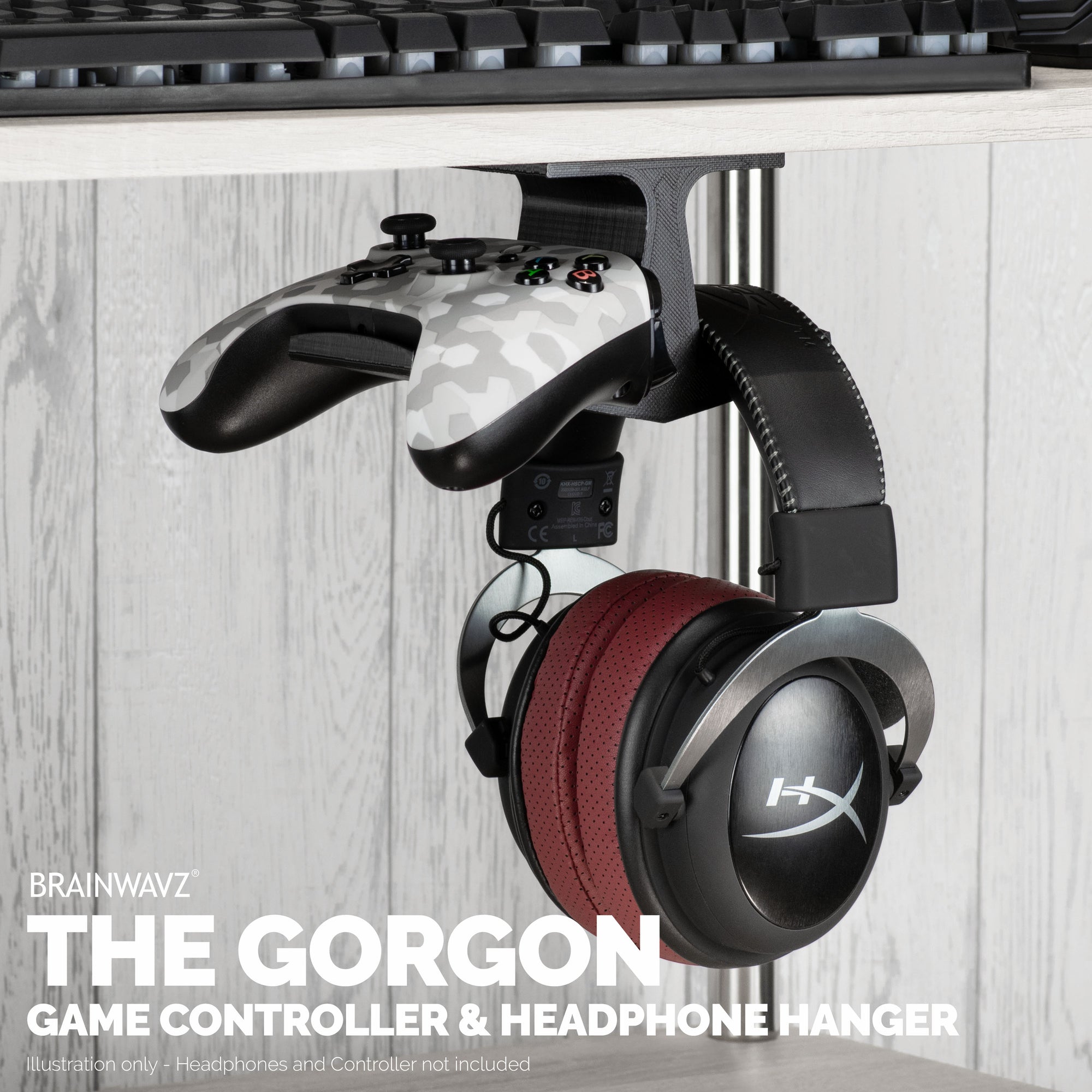The Gorgon - حامل سماعة رأس للمكتب ووحدة تحكم في الألعاب - مناسب لأجهزة Xbox ، PS5 / PS4 ، حامل لاصق عالمي ، بدون براغي
