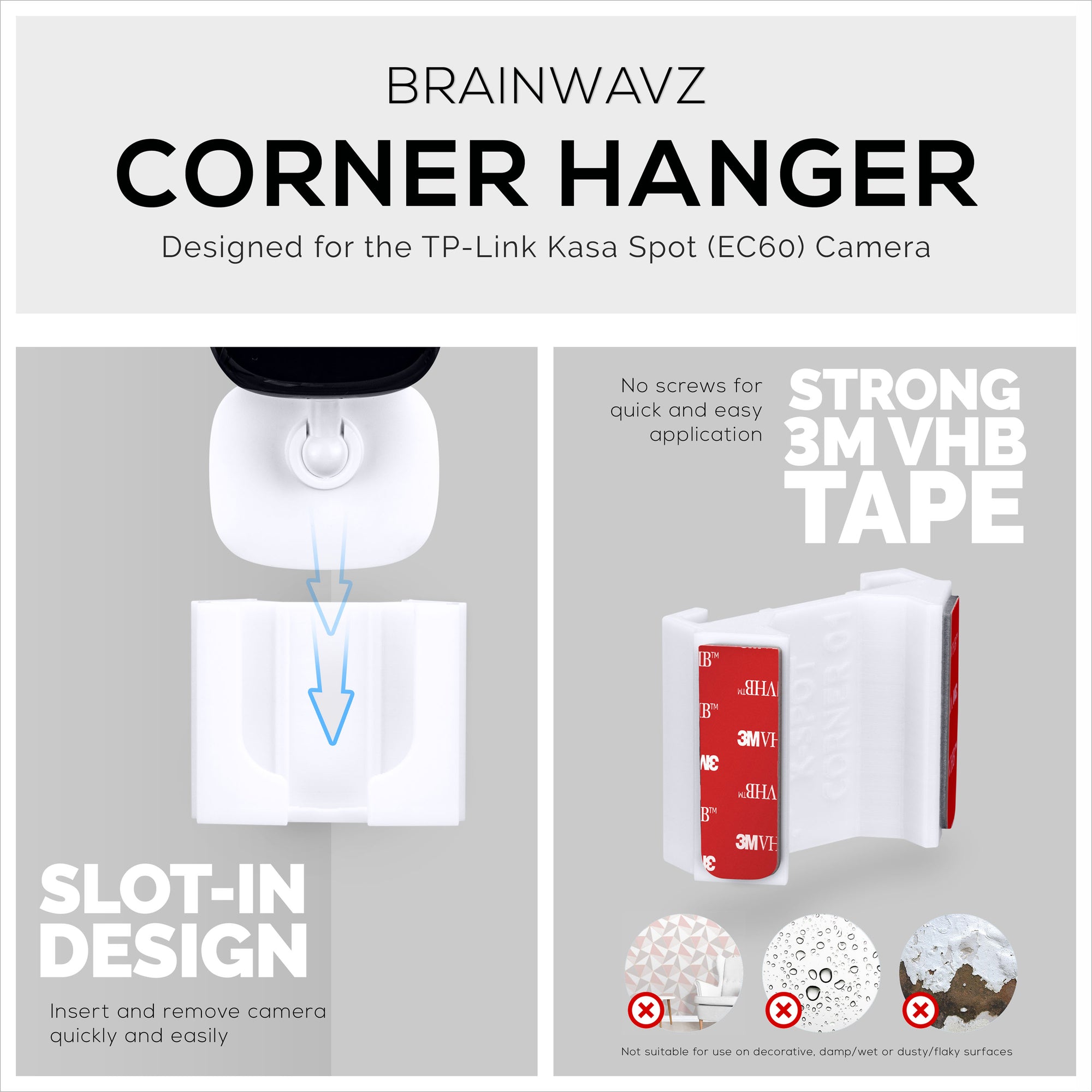 حامل حائط زاوية لكاميرا كاسا سبوت KC100 ، KC105 ، EC60 (عبوتان) - حامل لاصق ، بدون حامل ، شريط VHB قوي 2M ، بدون براغي ، تثبيت بدون فوضى