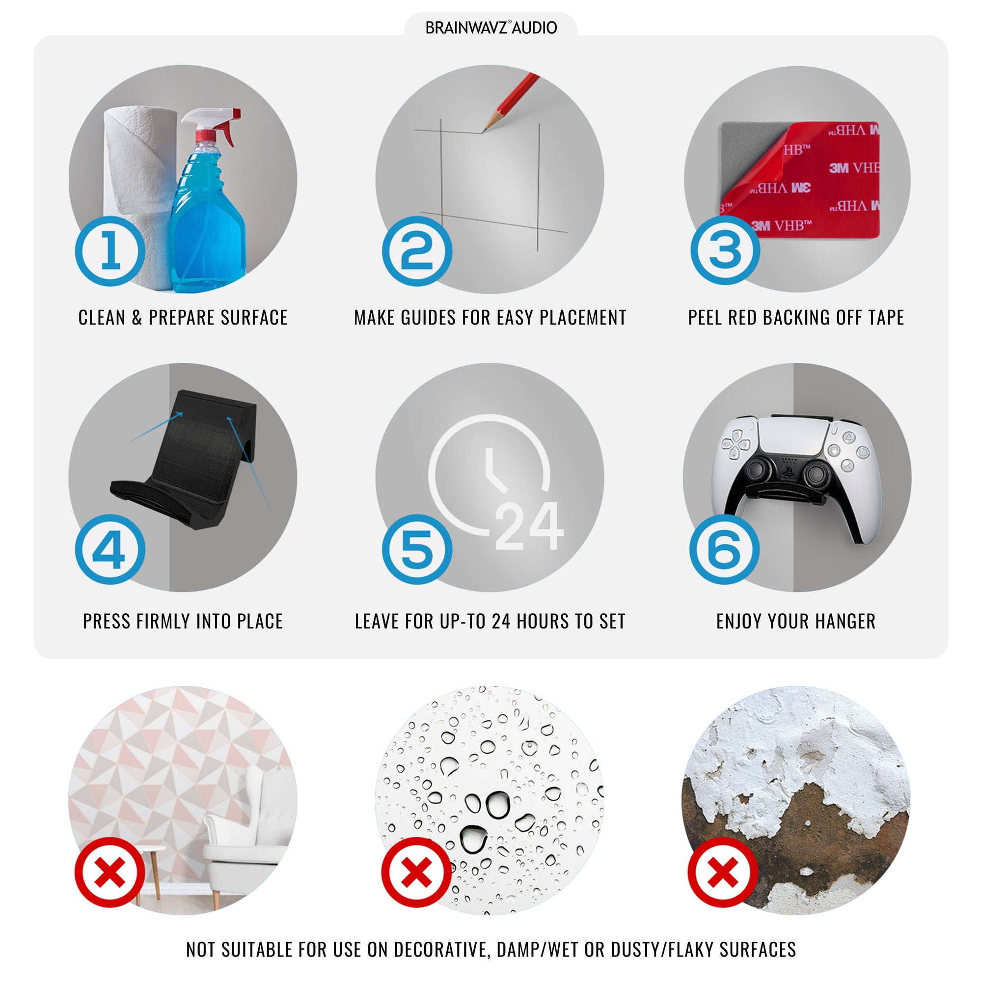 PlayStation PS5 (2 Pack) spilcontroller Vægmonteringsholder - specialdesignet, selvklæbende bøjle, nem at installere