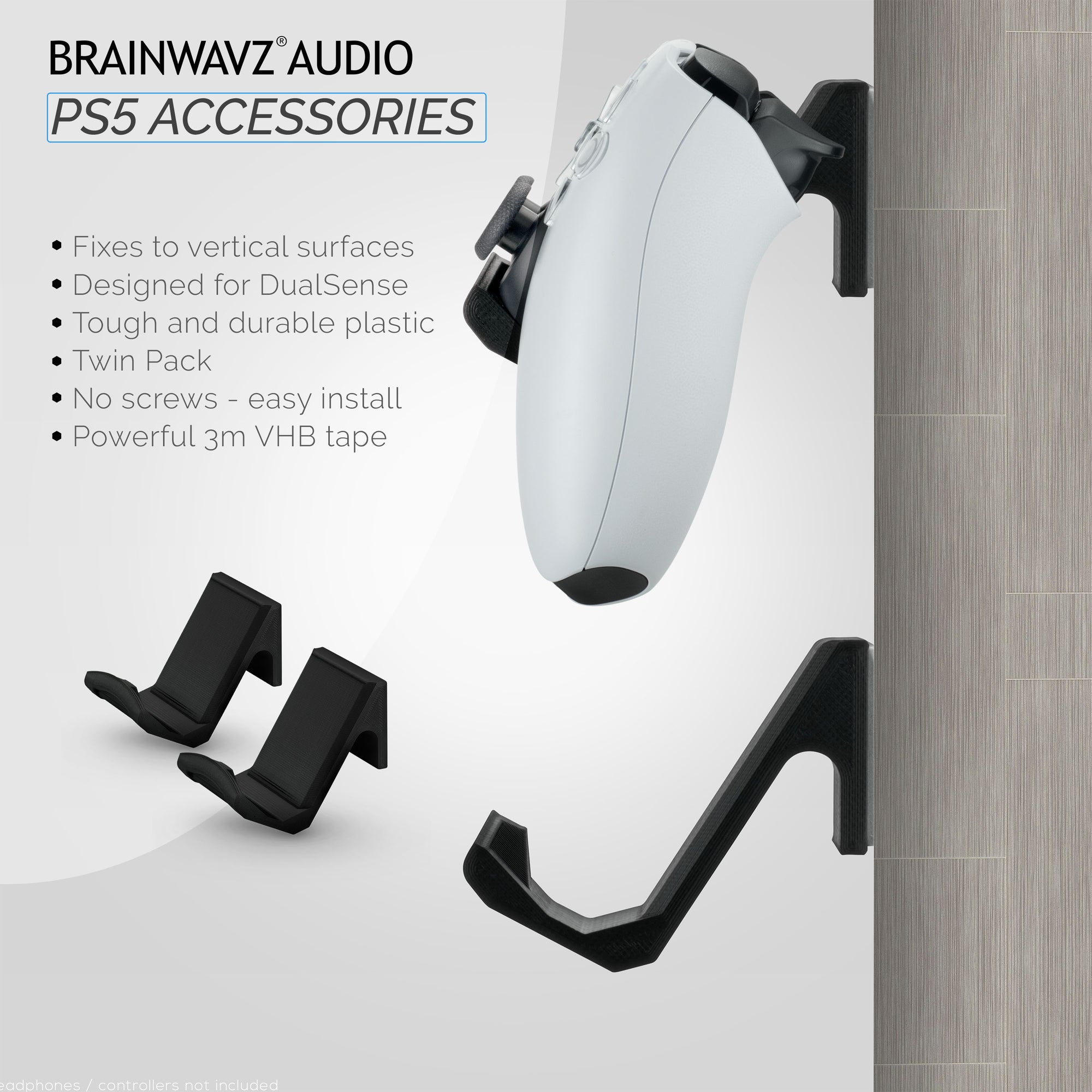PlayStation PS5 (2 Pack) spilcontroller Vægmonteringsholder - specialdesignet, selvklæbende bøjle, nem at installere