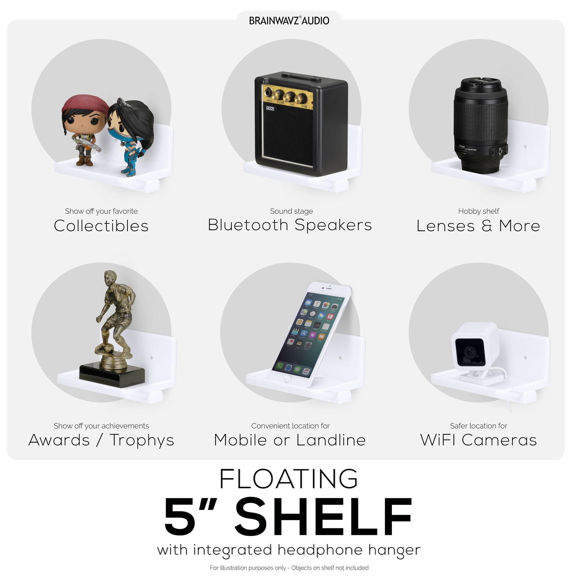 رف عائم صغير 5 بوصات مع شماعات سماعة رأس ، لاصق ومسمار ، لمكبرات الصوت التي تعمل بالبلوتوث ، والكاميرات ، والنباتات ، والألعاب ، والكتب والمزيد من Brainwavz (RF2105-HP ، أبيض)