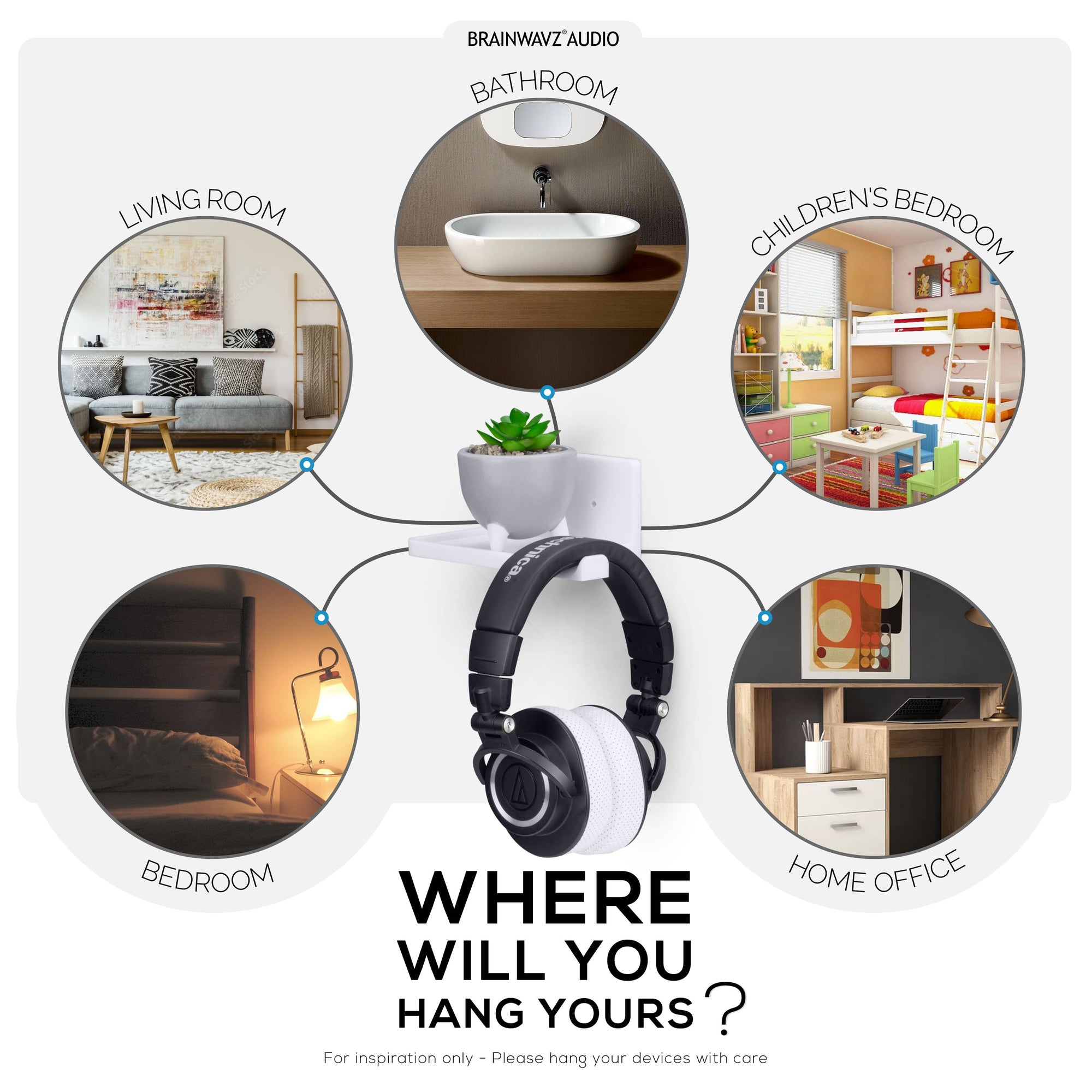 رف عائم صغير 5 بوصات مع شماعات سماعة رأس ، لاصق ومسمار ، لمكبرات الصوت التي تعمل بالبلوتوث ، والكاميرات ، والنباتات ، والألعاب ، والكتب والمزيد من Brainwavz (RF2105-HP ، أبيض)