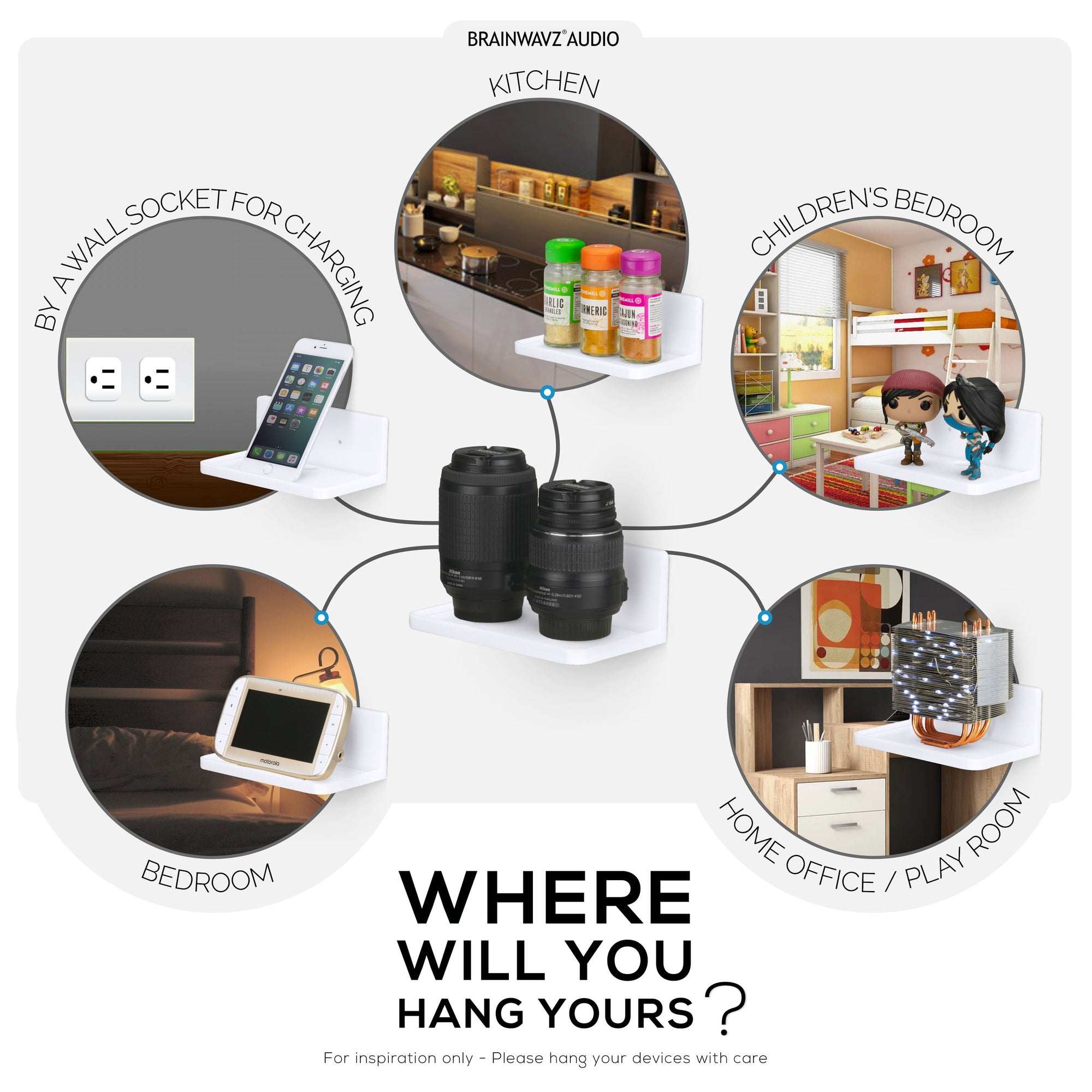 رف عائم صغير 6.5 بوصة ، لاصق ومسمار ، لمكبرات الصوت التي تعمل بالبلوتوث ، والكاميرات ، والنباتات ، والألعاب والمزيد ، وحامل عالمي ، سهل التركيب (SHELF RF2106.5 ، أبيض)