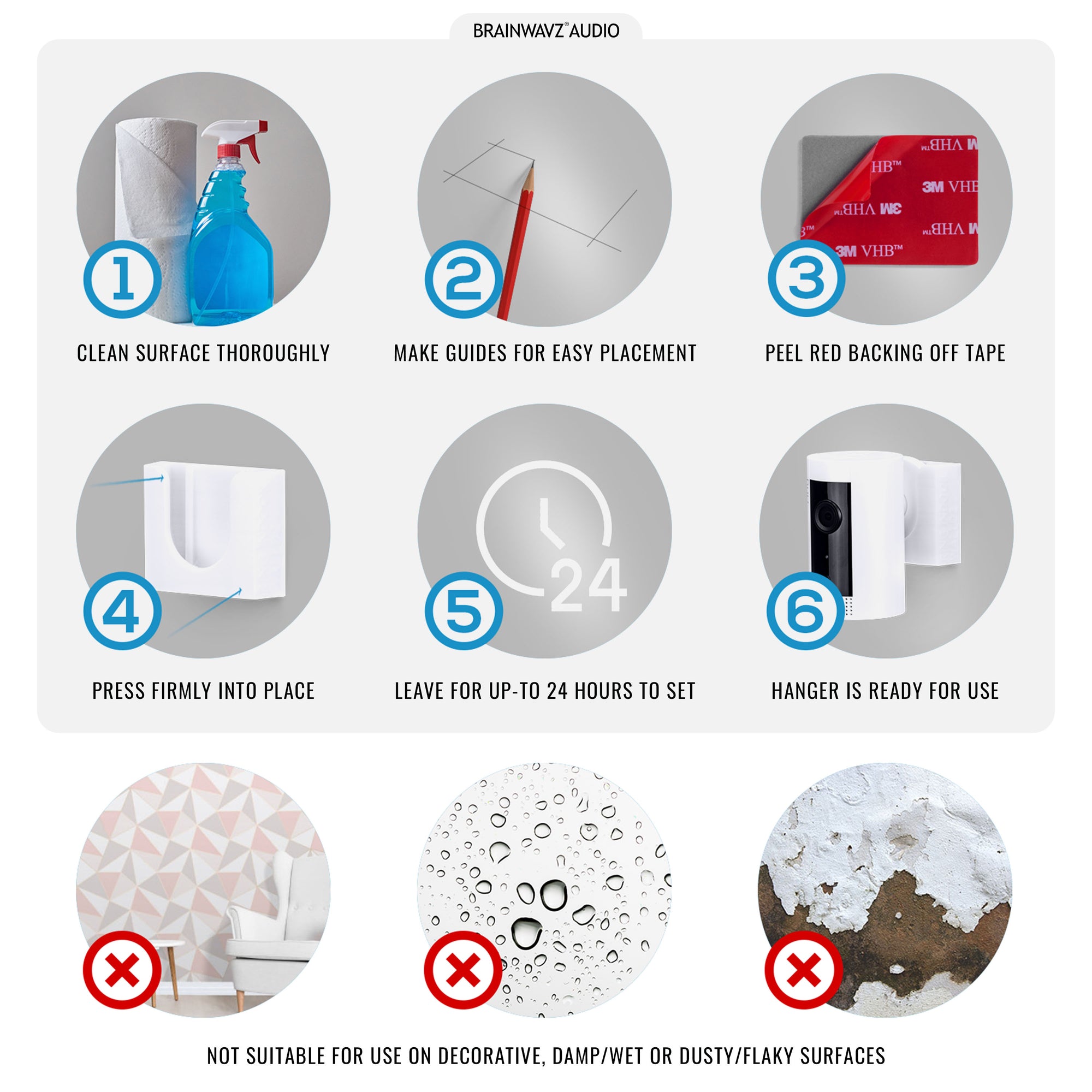 حلقة تثبيت على الحائط للكاميرا الداخلية (عبوتان) حامل لاصق ، سهل التركيب ، بدون براغي أو حفر (WH2)