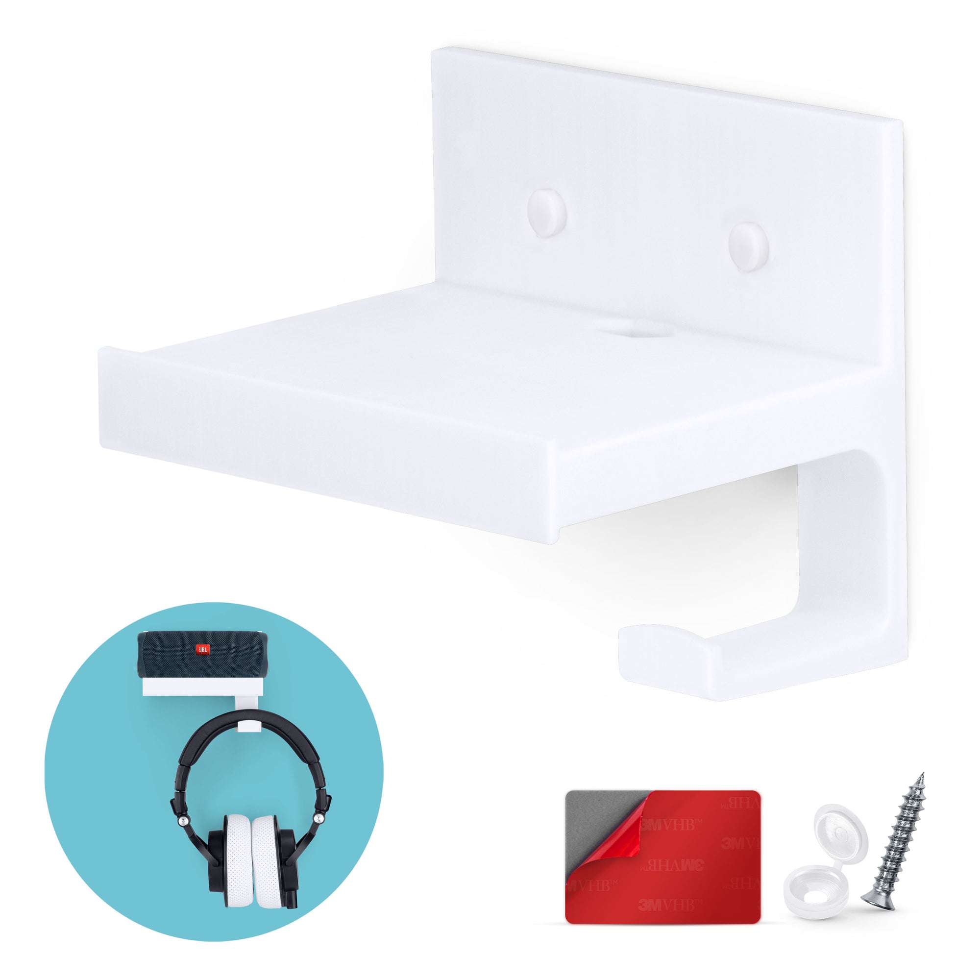 5" Small Floating Shelf With Headphone Hanger, Adhesive & Screw In, For Bluetooth Speakers, Cameras, Plants, Toys & More, Easy to Install (SF2105-HP, White)